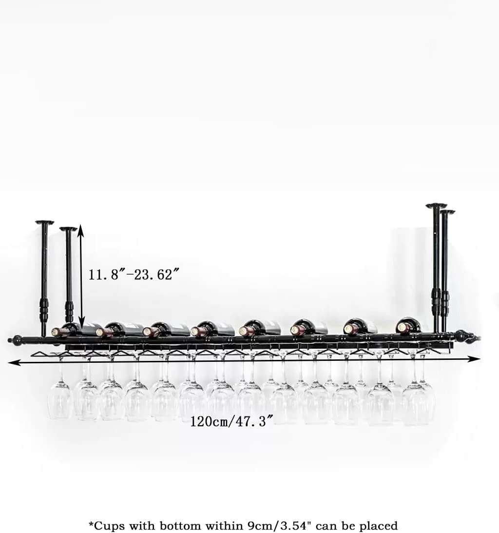 Hanging Wine Rack with Glass Holder and Shelf,Adjustable Metal Ceiling Bar Wine Glass Rack,2 in 1Industrial Wall Mounted Wine and Glass Rack,47.3” Bottle Holder Wine Shelf