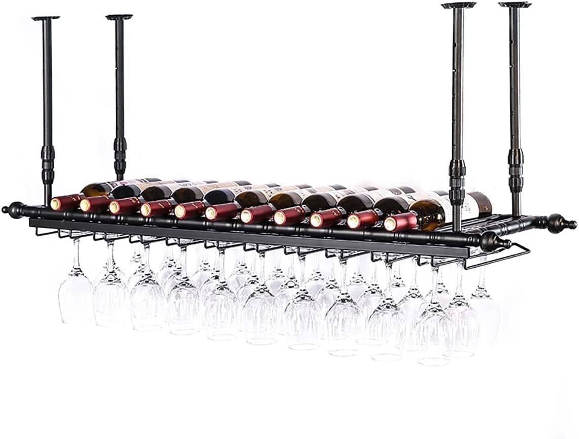 Hanging Wine Rack with Glass Holder and Shelf,Adjustable Metal Ceiling Bar Wine Glass Rack,2 in 1Industrial Wall Mounted Wine and Glass Rack,47.3” Bottle Holder Wine Shelf