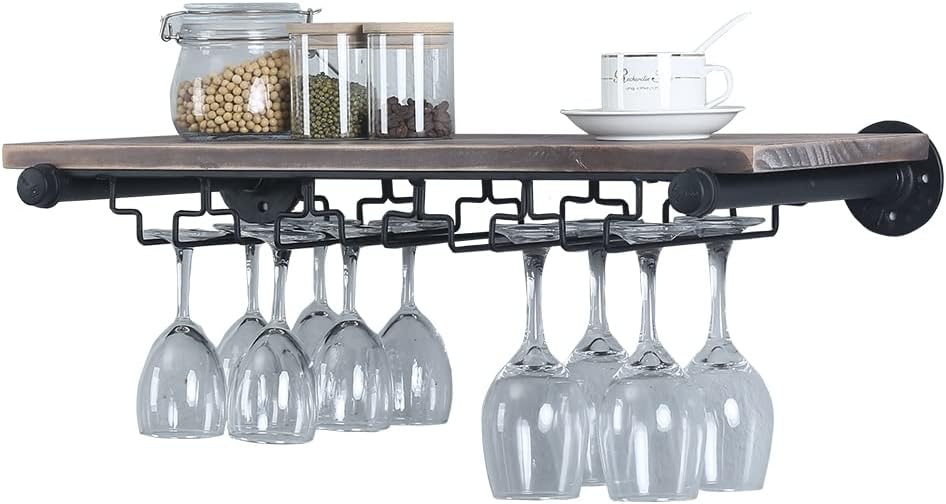 Industrial Wine Rack Wall Mounted with 5 Glass Holder,Wine Glass Rack Floating Wine Glass Shelf,36in Pipe Shelving Hanging Wood Shelves