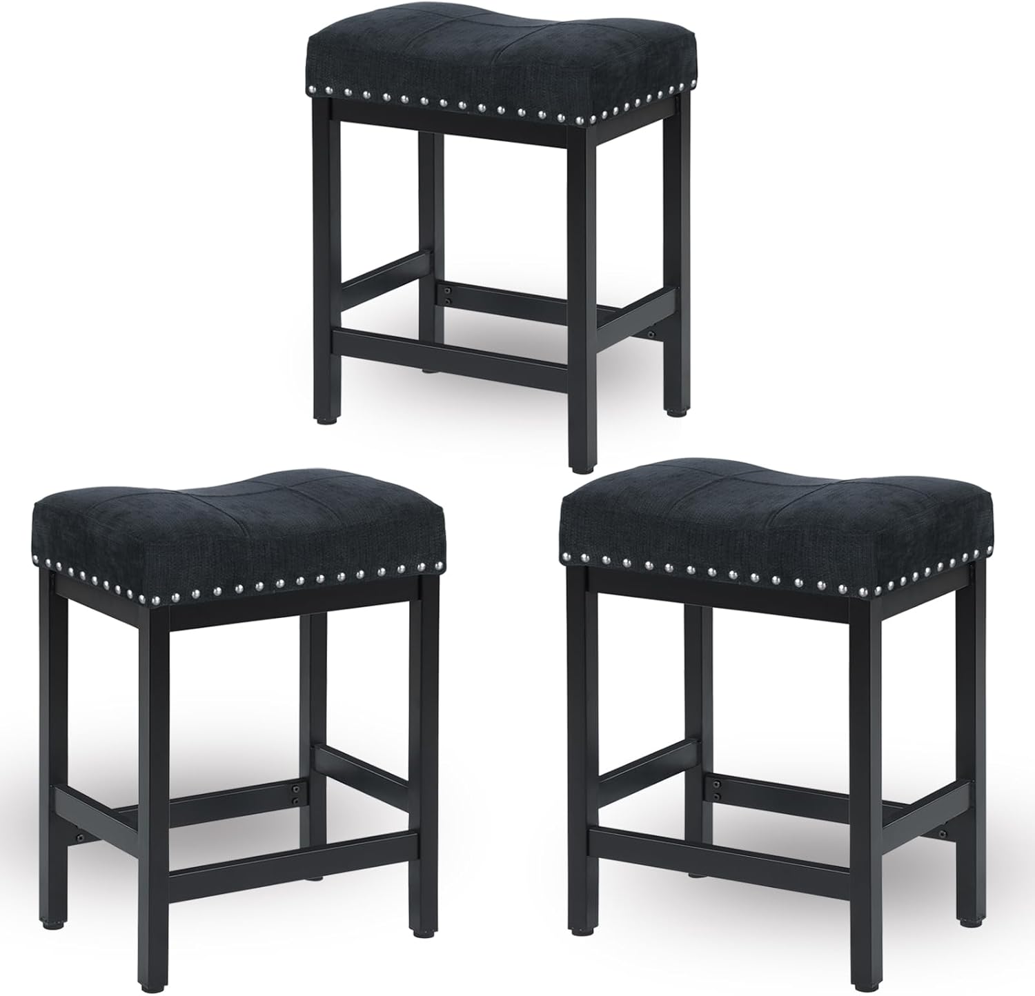 25 Inch Counter Height Bar Stools Set of 3, Heavy-Duty Metal Barstools with Soft Faux Leather Saddle Seats, Bar Stool for Kitchen Island, Easy to Clean, 300 lbs Capacity