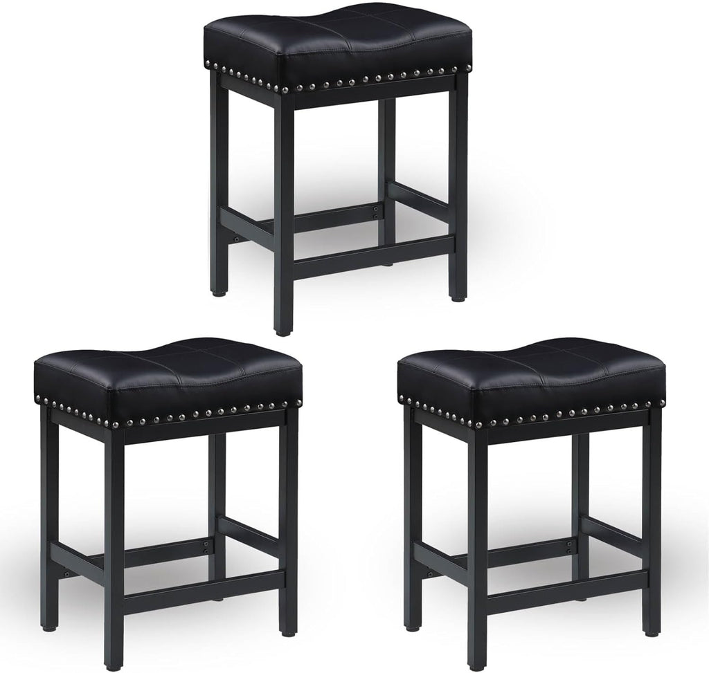 25 Inch Counter Height Bar Stools Set of 3, Heavy-Duty Metal Barstools with Soft Faux Leather Saddle Seats, Bar Stool for Kitchen Island, Easy to Clean, 300 lbs Capacity