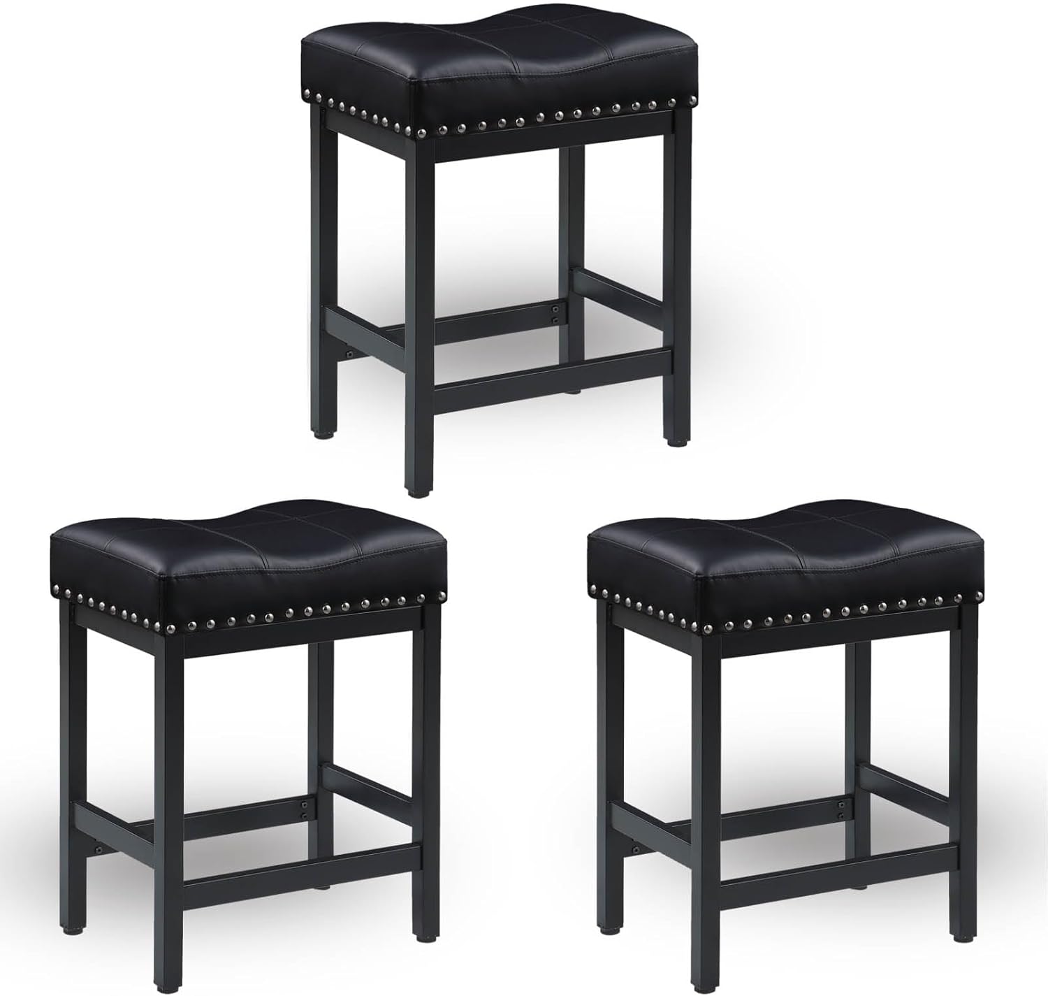 25 Inch Counter Height Bar Stools Set of 3, Heavy-Duty Metal Barstools with Soft Faux Leather Saddle Seats, Bar Stool for Kitchen Island, Easy to Clean, 300 lbs Capacity