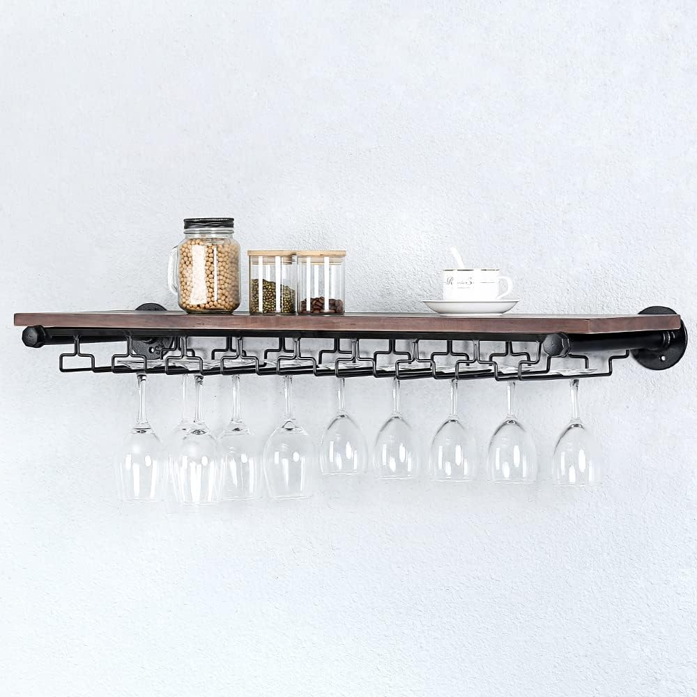 Industrial Wine Rack Wall Mounted with 5 Glass Holder,Wine Glass Rack Floating Wine Glass Shelf,36in Pipe Shelving Hanging Wood Shelves