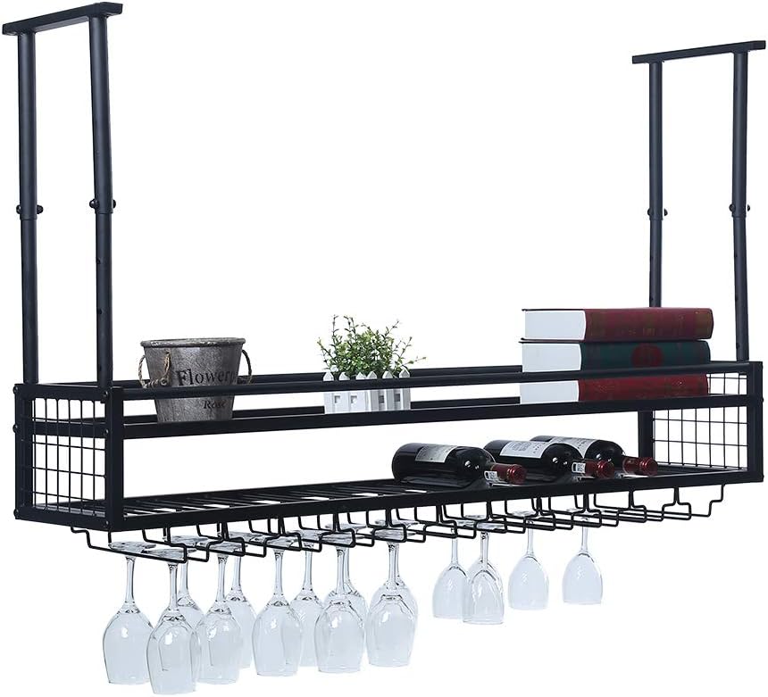 Hanging Wine Glass Rack Ceiling for Bar Restaurants,47.2in Adjustable Metal Wine Glass Holder,Industrial Iron Wine Shelf Wall Mounted(Black)