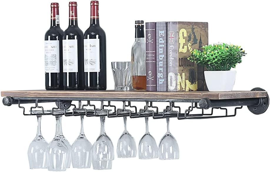 Industrial Wine Rack Wall Mounted with 5 Glass Holder,Wine Glass Rack Floating Wine Glass Shelf,36in Pipe Shelving Hanging Wood Shelves