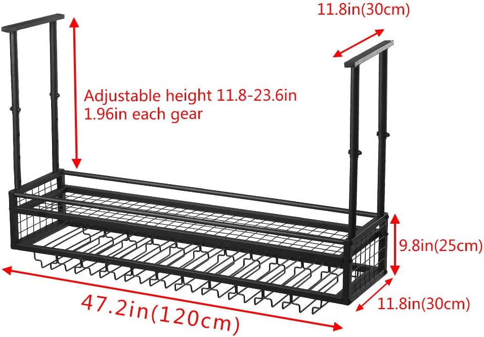 Hanging Wine Glass Rack Ceiling for Bar Restaurants,47.2in Adjustable Metal Wine Glass Holder,Industrial Iron Wine Shelf Wall Mounted(Black)