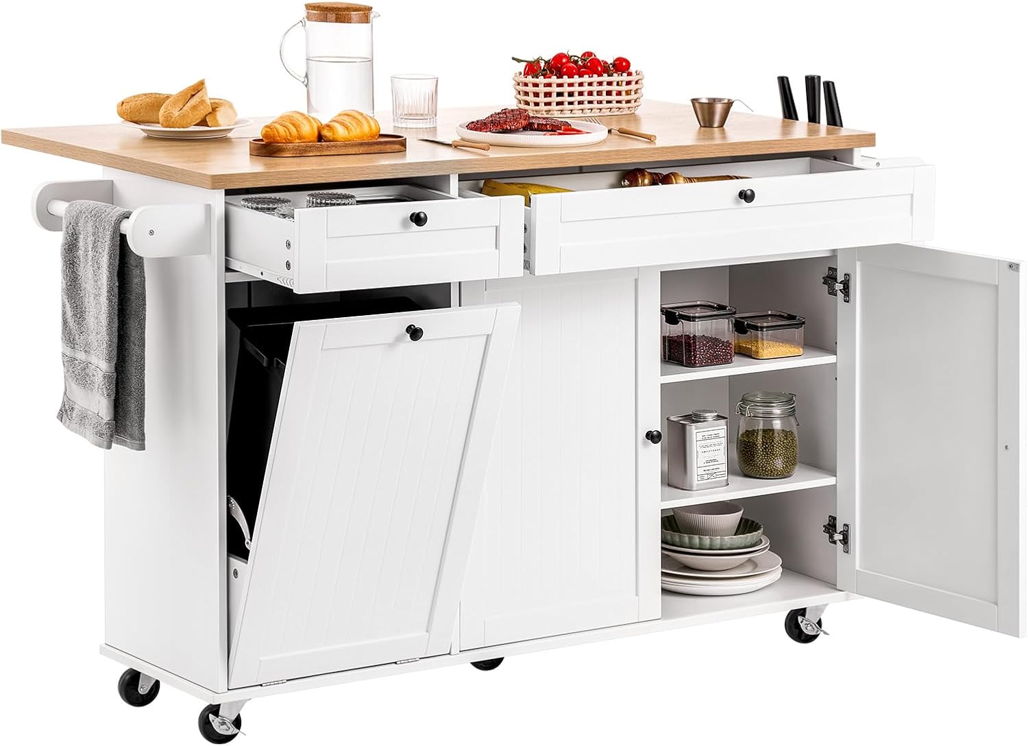 VEVOR Kitchen Island Cart with Solid Wood Top, 35.4" Width Mobile Carts with Storage Cabinet, Rolling Kitchen Table with Spice Rack, Towel Rack, and Drawer, Portable Islands on Wheels, White