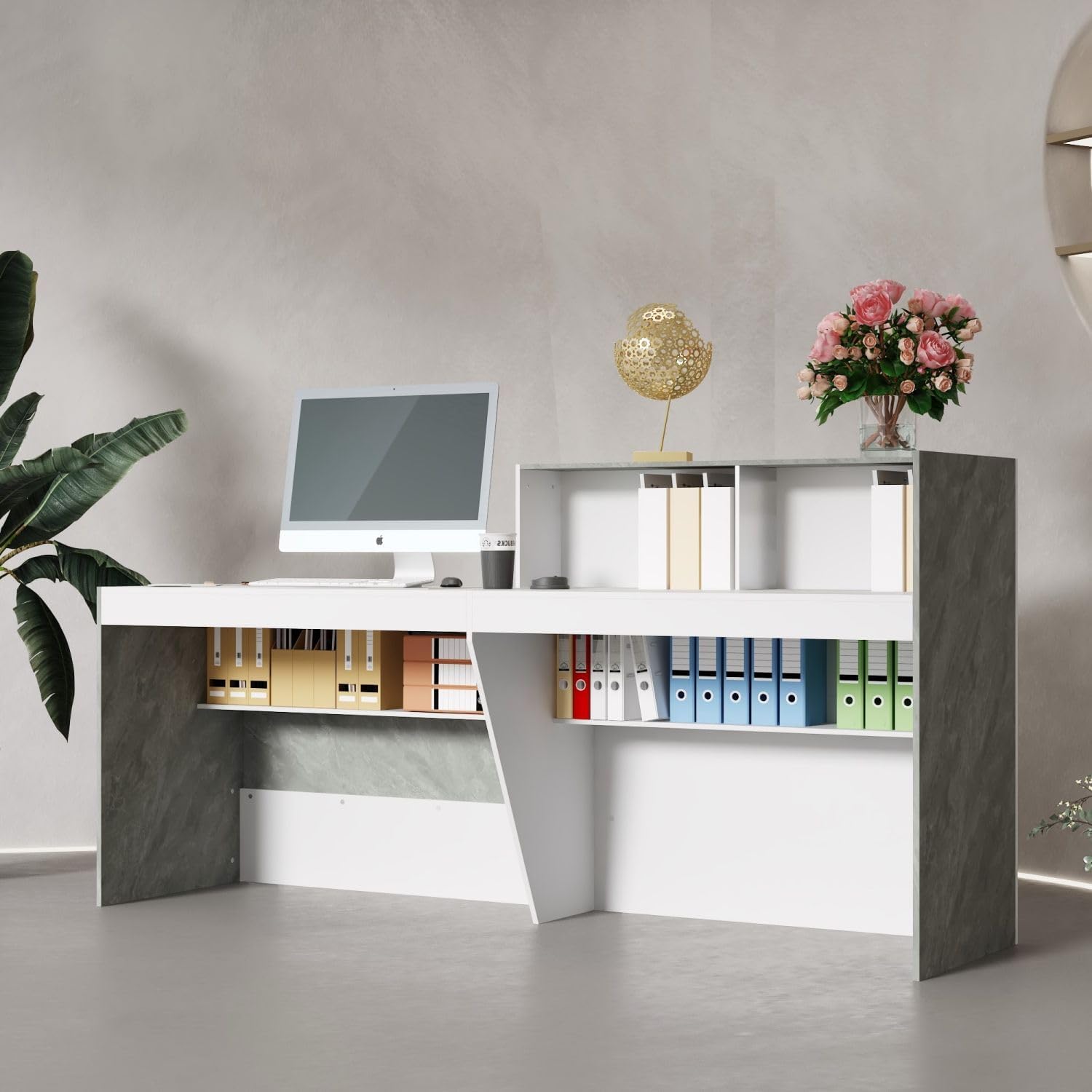 FAMAPY Reception Desk with Shelves, Modern Reception Table with Storage, Front Counter Checkout Table Retail Counter for Lobby Shop, White and Grey, 23.6”D x 86.6”W x 43.3”H