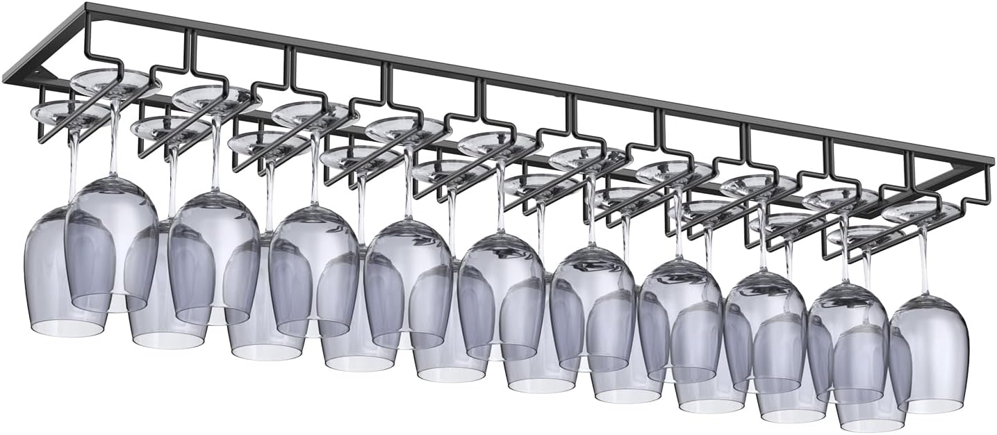 Xverycan Wine Glass Rack Under Cabinet, 8 Row Extreme Large Stemware Hanger, Metal Wine Goblet Holder, DIY Bar Glass Storage Rack for Bar Counter, Kitchen, Screws Included (Black)