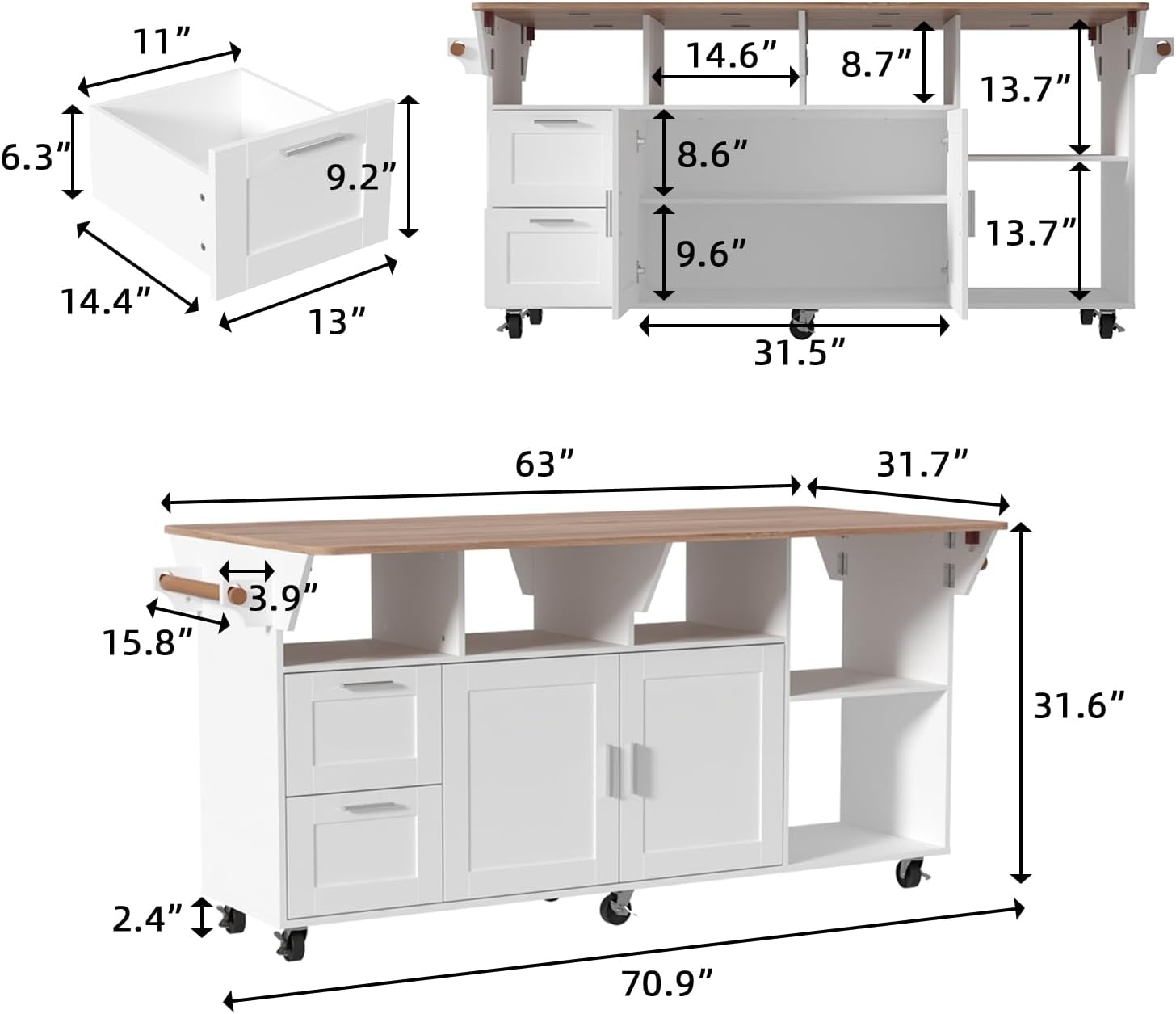 AIEGLE Rolling Kitchen Island with Expandable Countetop, 2-Door Large Kitchen Islands with Drawer, Open Cubby & Tower Rack, 70.9" W Wood Grain Island Table with Adjustable Shelf, White & Oak