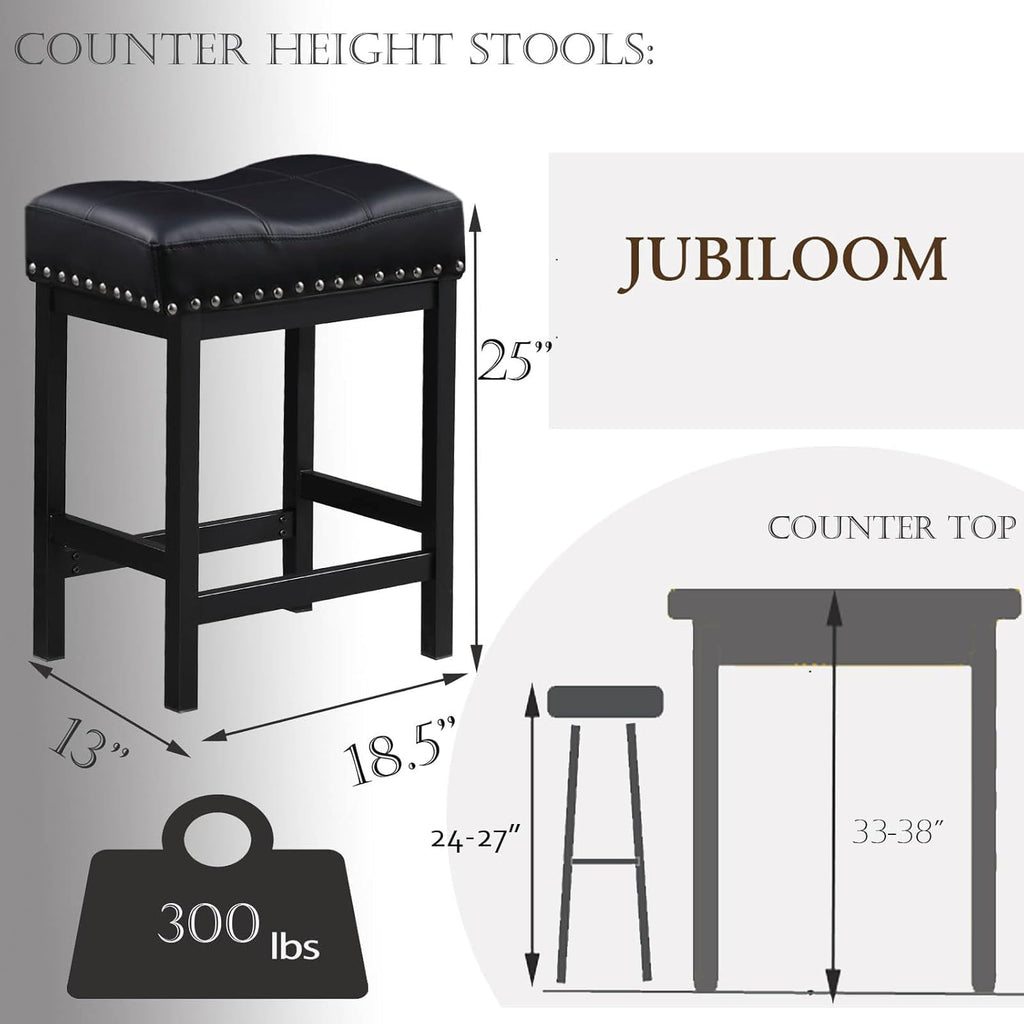 25 Inch Counter Height Bar Stools Set of 3, Heavy-Duty Metal Barstools with Soft Faux Leather Saddle Seats, Bar Stool for Kitchen Island, Easy to Clean, 300 lbs Capacity