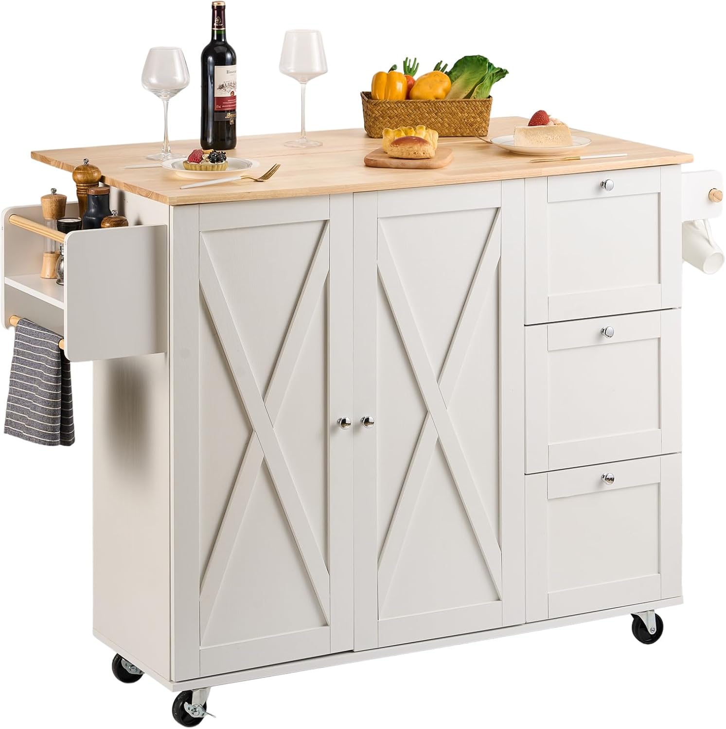 VEVOR Kitchen Island Cart with Solid Wood Top, 35.4" Width Mobile Carts with Storage Cabinet, Rolling Kitchen Table with Spice Rack, Towel Rack, and Drawer, Portable Islands on Wheels, White