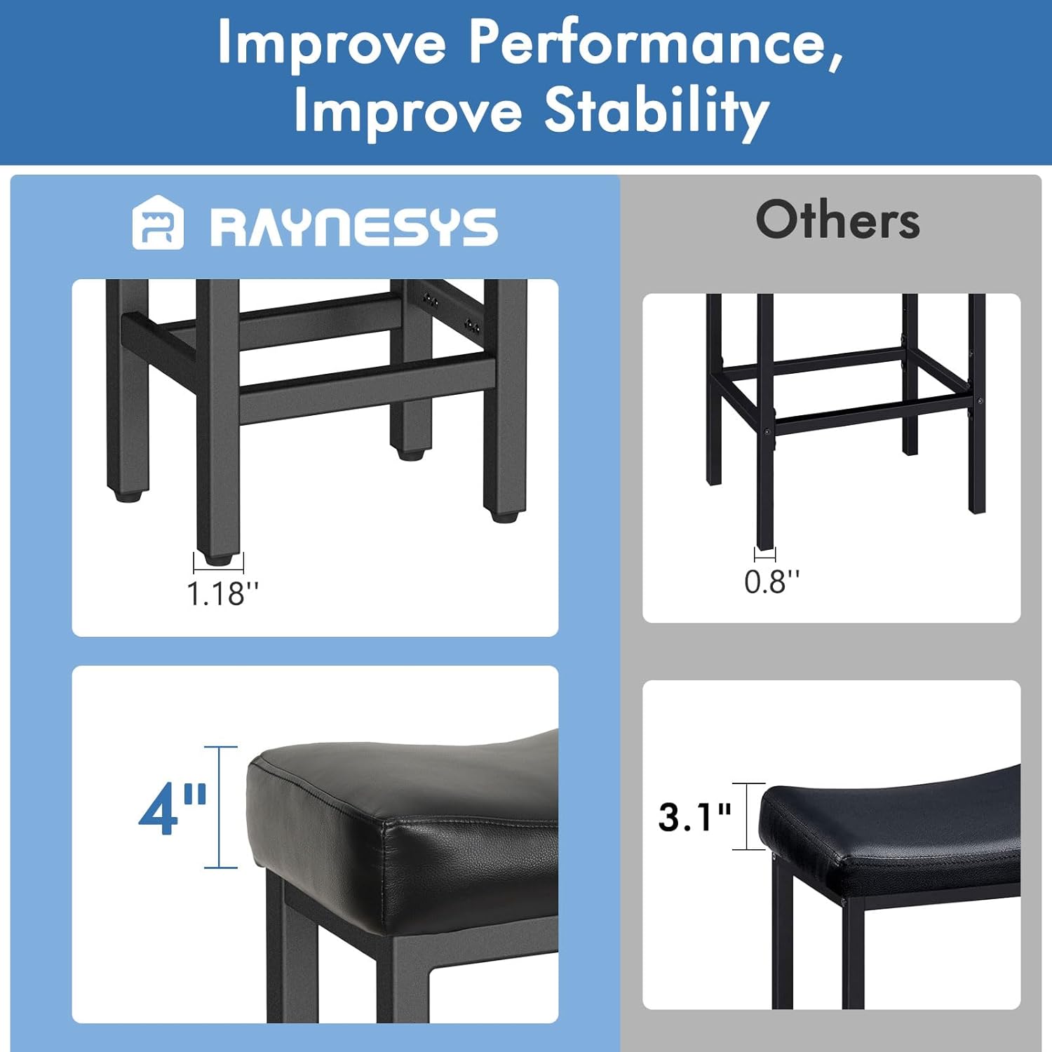 Counter Height Bar Stools Set of 2, 24 Inch Barstools for Kitchen Island Counter, Bonded Leather Kitchen Stools with Thick Saddle Seats & Heavy Duty Metal Base, Easy Assembly, All Black