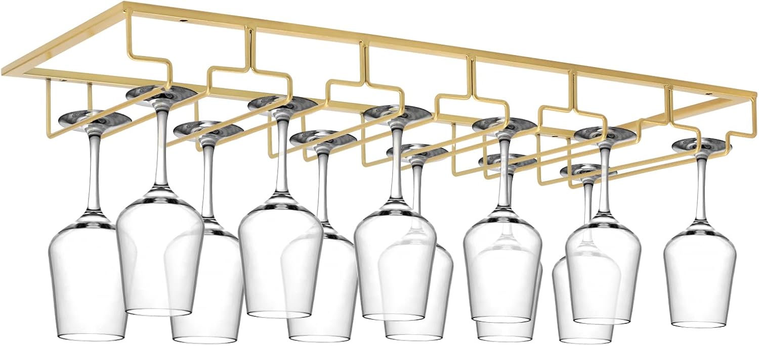 Xverycan Wine Glass Rack Under Cabinet, 8 Row Extreme Large Stemware Hanger, Metal Wine Goblet Holder, DIY Bar Glass Storage Rack for Bar Counter, Kitchen, Screws Included (Black)