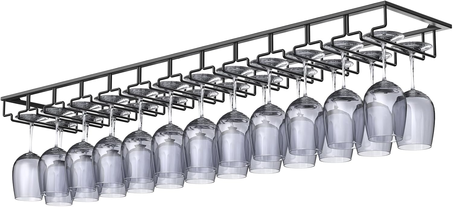 Xverycan Wine Glass Rack Under Cabinet, 8 Row Extreme Large Stemware Hanger, Metal Wine Goblet Holder, DIY Bar Glass Storage Rack for Bar Counter, Kitchen, Screws Included (Black)