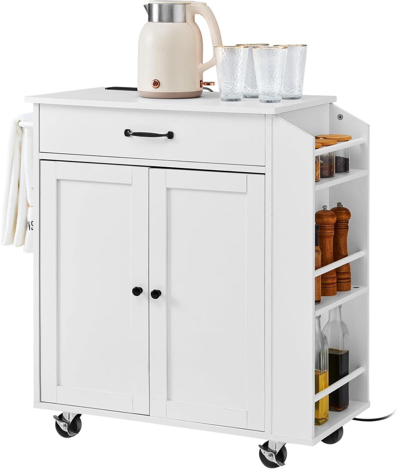 VEVOR Kitchen Island Cart with Solid Wood Top, 35.4" Width Mobile Carts with Storage Cabinet, Rolling Kitchen Table with Spice Rack, Towel Rack, and Drawer, Portable Islands on Wheels, White