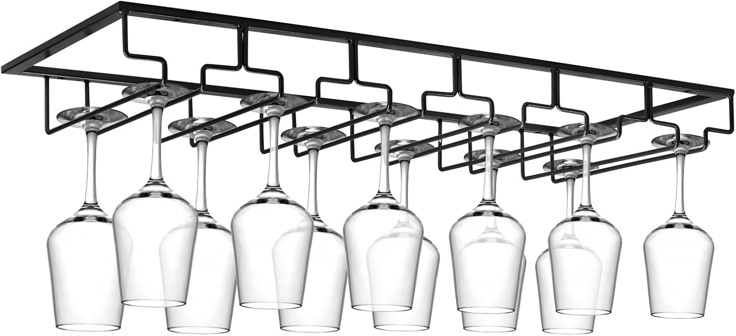Xverycan Wine Glass Rack Under Cabinet, 8 Row Extreme Large Stemware Hanger, Metal Wine Goblet Holder, DIY Bar Glass Storage Rack for Bar Counter, Kitchen, Screws Included (Black)