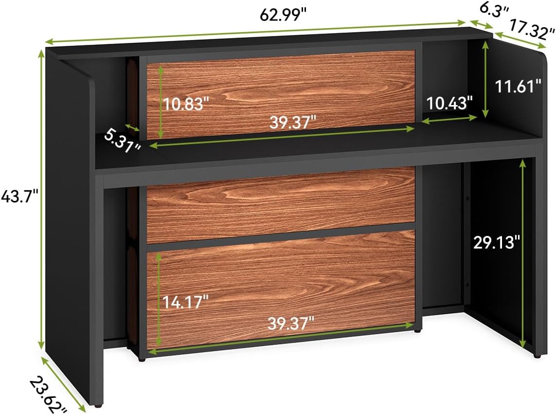 LITTLE TREE 63 Inches Reception Desk, Modern Reception Table with LED Light, Front Counter Desk, Wooden Checkout Counter for Lobbies, Salons, Retail, Home Offices, Reception Room, Black & Brown