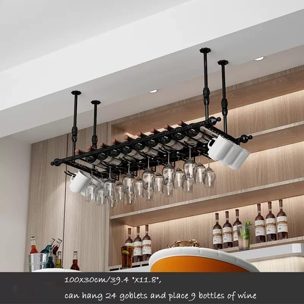 Hanging Wine Rack with Glass Holder and Shelf,Adjustable Metal Ceiling Bar Wine Glass Rack,2 in 1Industrial Wall Mounted Wine and Glass Rack,47.3” Bottle Holder Wine Shelf