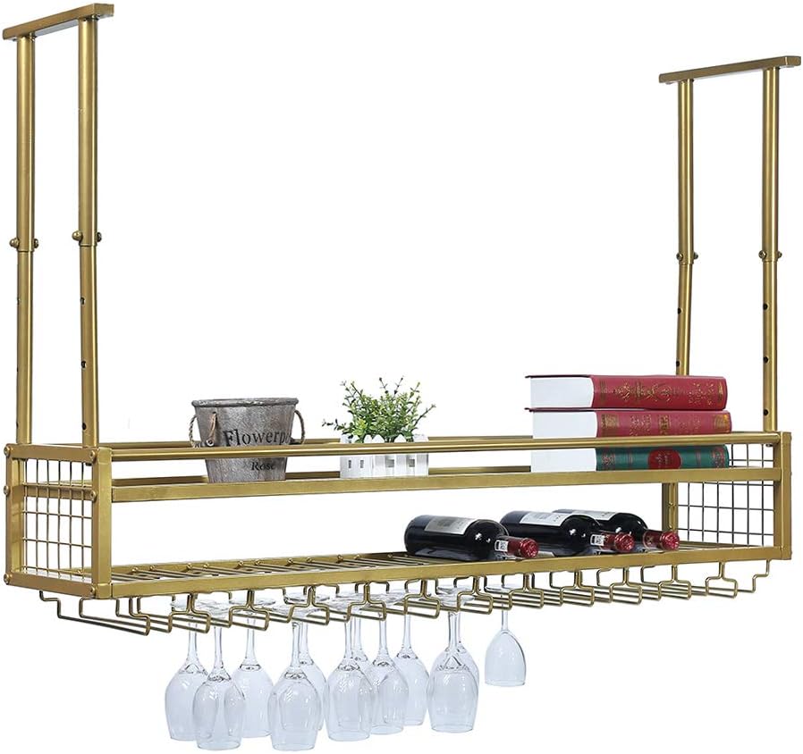 Hanging Wine Glass Rack Ceiling for Bar Restaurants,47.2in Adjustable Metal Wine Glass Holder,Industrial Iron Wine Shelf Wall Mounted(Black)