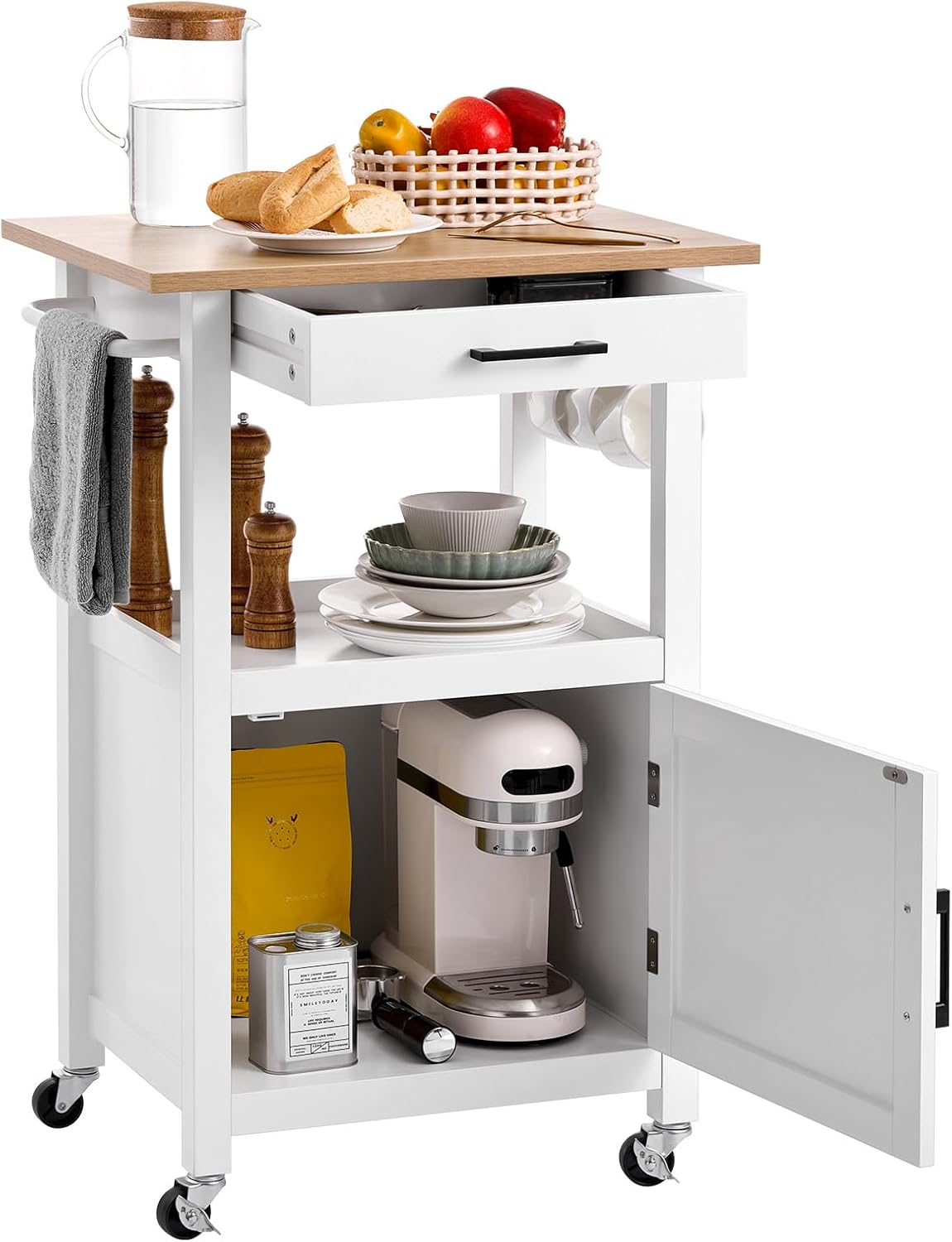 VEVOR Kitchen Island Cart with Solid Wood Top, 35.4" Width Mobile Carts with Storage Cabinet, Rolling Kitchen Table with Spice Rack, Towel Rack, and Drawer, Portable Islands on Wheels, White