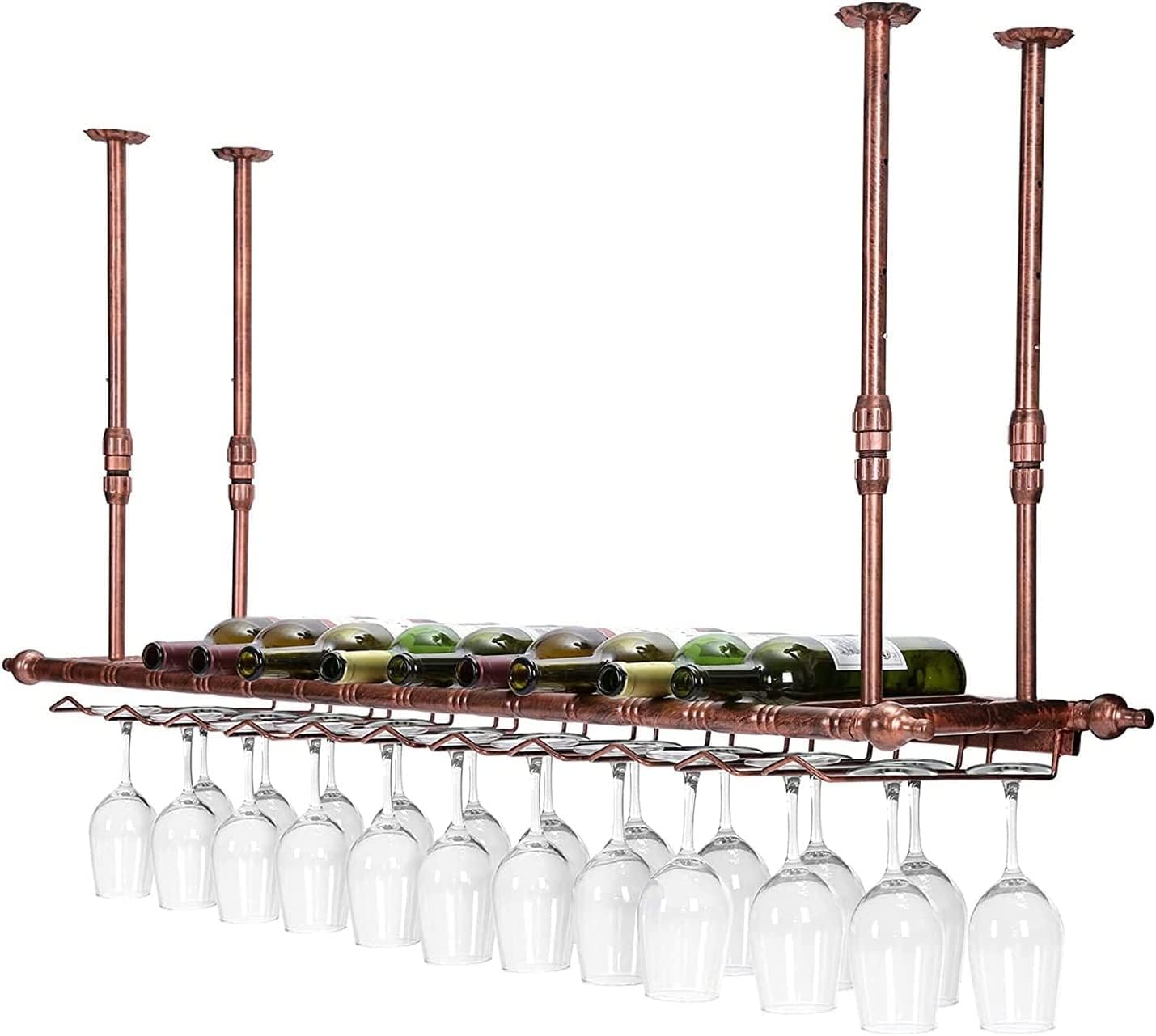 Hanging Wine Rack with Glass Holder and Shelf,Adjustable Metal Ceiling Bar Wine Glass Rack,2 in 1Industrial Wall Mounted Wine and Glass Rack,47.3” Bottle Holder Wine Shelf