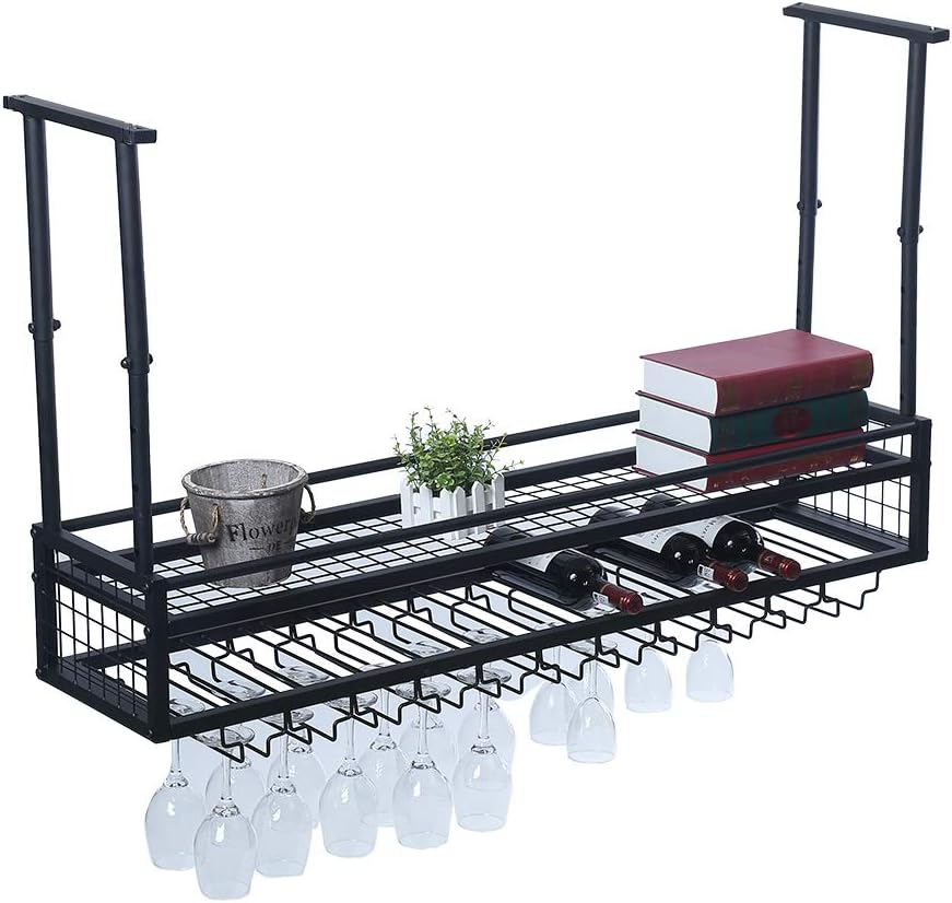 Hanging Wine Glass Rack Ceiling for Bar Restaurants,47.2in Adjustable Metal Wine Glass Holder,Industrial Iron Wine Shelf Wall Mounted(Black)