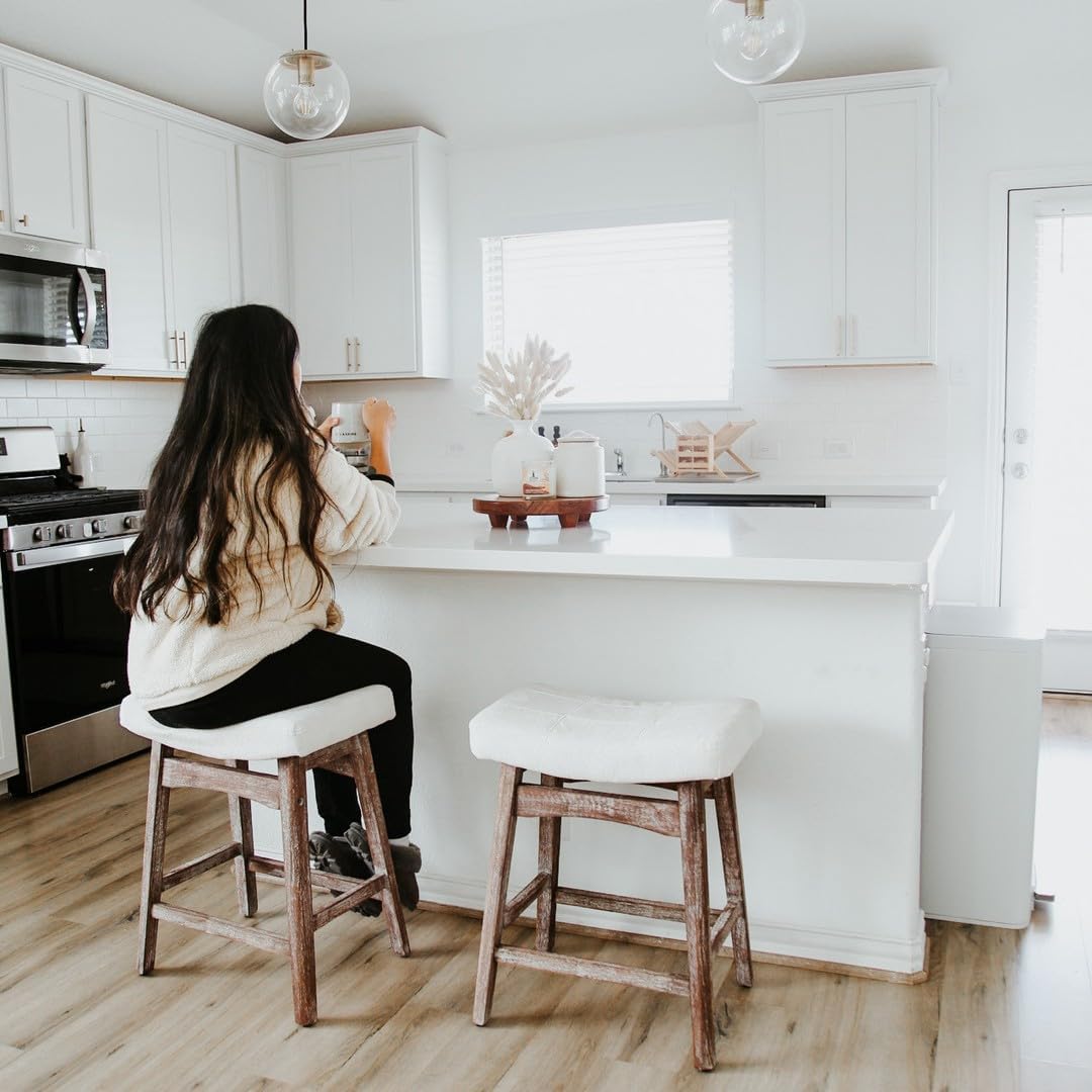 PHI VILLA Farmhouse Bar Stools Set of 2 - Wood Bartools with Upholstered Saddle Seat, 24 inch stools for Kitchen Counter Set of 2