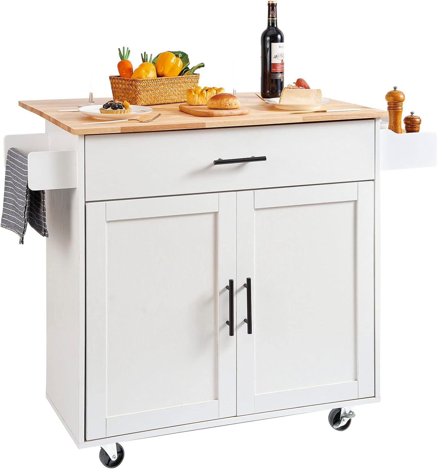 VEVOR Kitchen Island Cart with Solid Wood Top, 35.4" Width Mobile Carts with Storage Cabinet, Rolling Kitchen Table with Spice Rack, Towel Rack, and Drawer, Portable Islands on Wheels, White