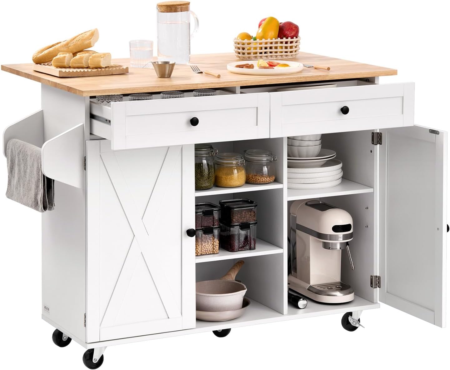 VEVOR Kitchen Island Cart with Solid Wood Top, 35.4" Width Mobile Carts with Storage Cabinet, Rolling Kitchen Table with Spice Rack, Towel Rack, and Drawer, Portable Islands on Wheels, White