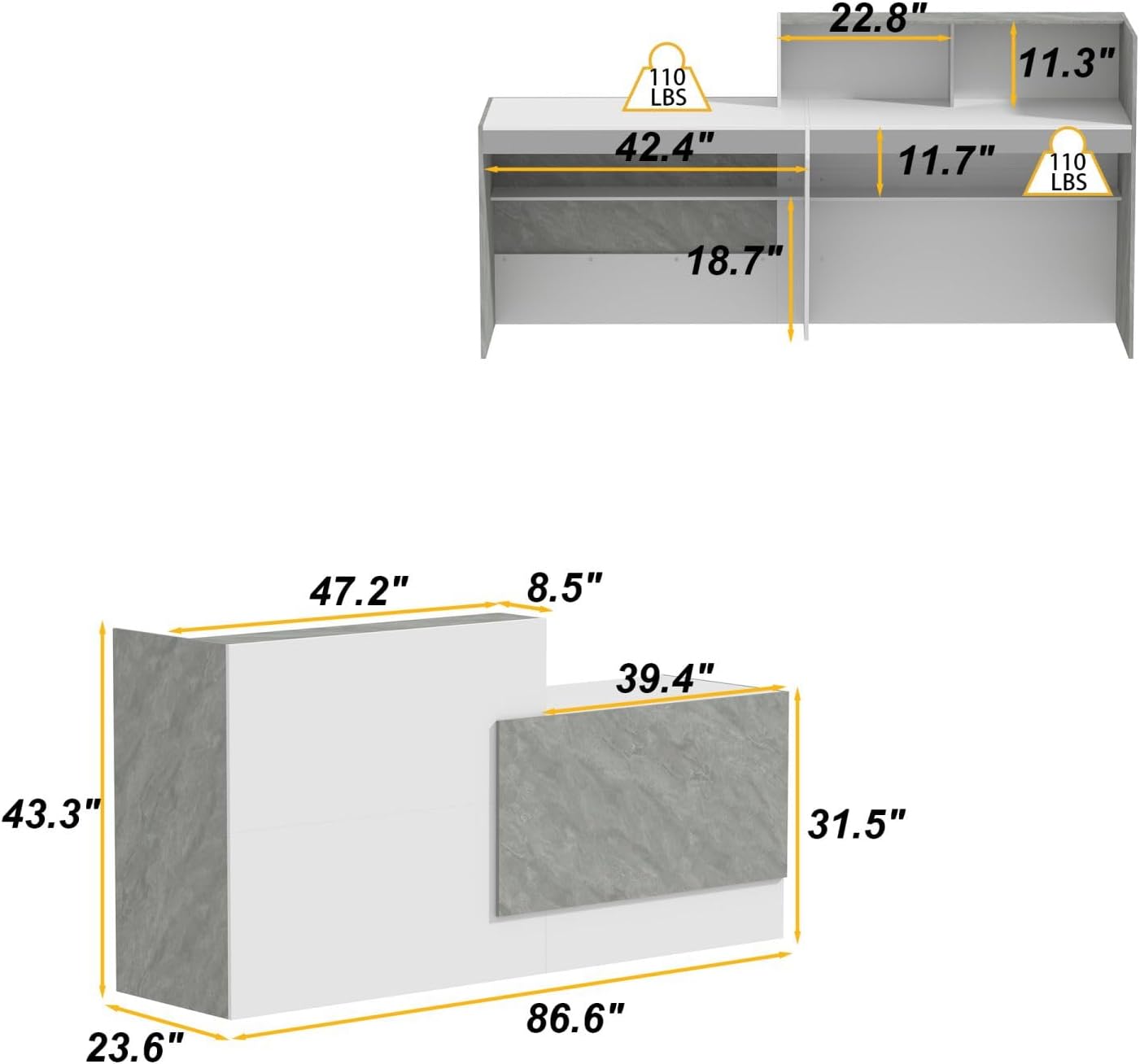 FAMAPY Reception Desk with Shelves, Modern Reception Table with Storage, Front Counter Checkout Table Retail Counter for Lobby Shop, White and Grey, 23.6”D x 86.6”W x 43.3”H