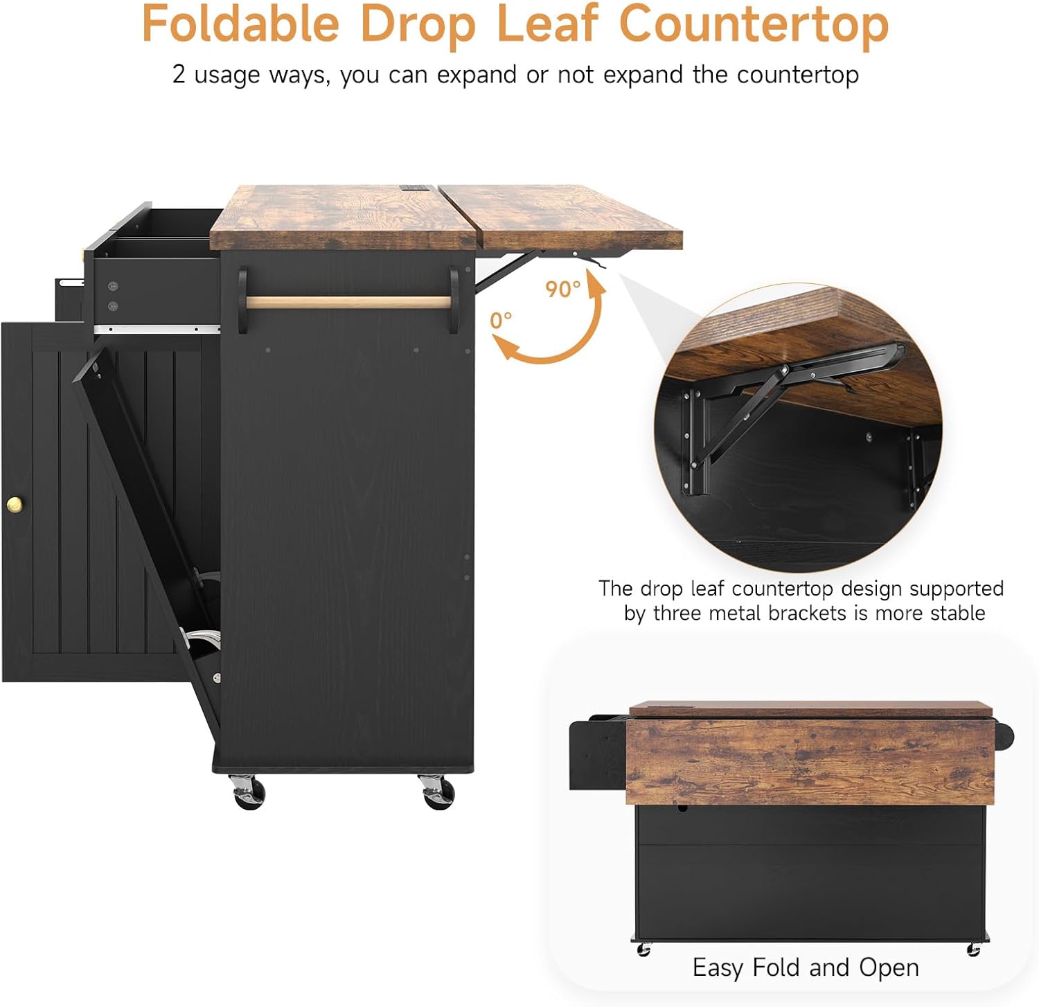60" Kitchen Island with Power Outlet & Drop Leaf, Kitchen Rolling Island with Spice Rack & Towel Rack, Knife Holder, Kitchen Island Cart with Trash Storage Cabinet, Mobile Island Table for Kitchen