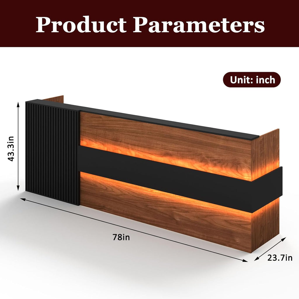 78" Modern Reception Desk with LED Lights & Mobile File Cabinet – Black Brown Office Front Desk Reception Counter with Drawers & Lock (Black & Brown, 78 * 24 * 43IN)