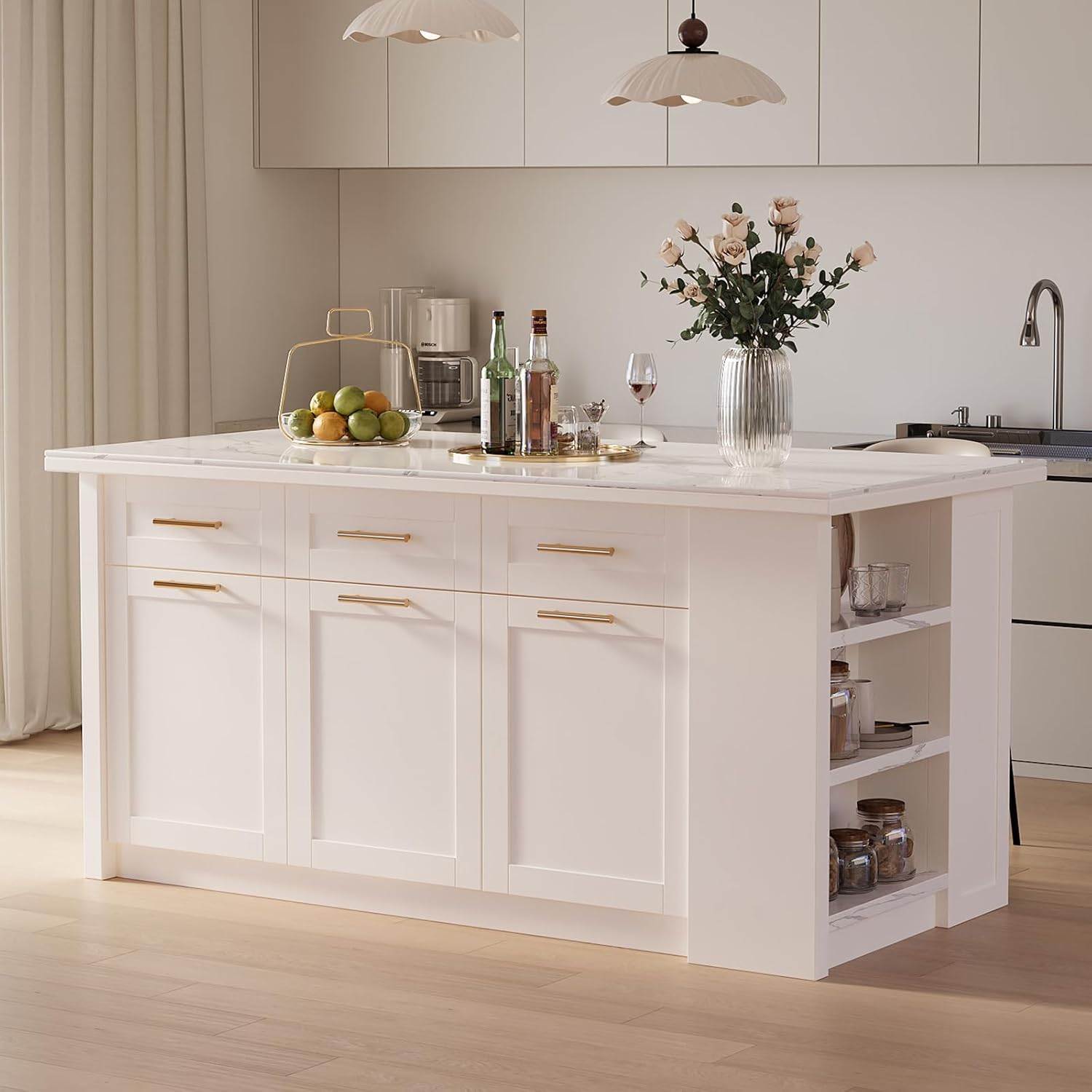 homary 71" White Kitchen Island with Storage Large Kitchen Cabinet with Drawers & Sintered Stone Top Island Table for Dining Room