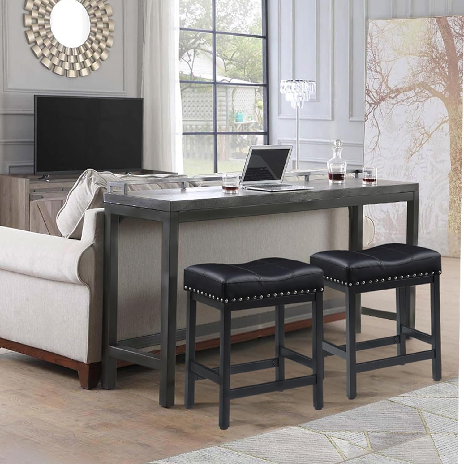 25 Inch Counter Height Bar Stools Set of 3, Heavy-Duty Metal Barstools with Soft Faux Leather Saddle Seats, Bar Stool for Kitchen Island, Easy to Clean, 300 lbs Capacity