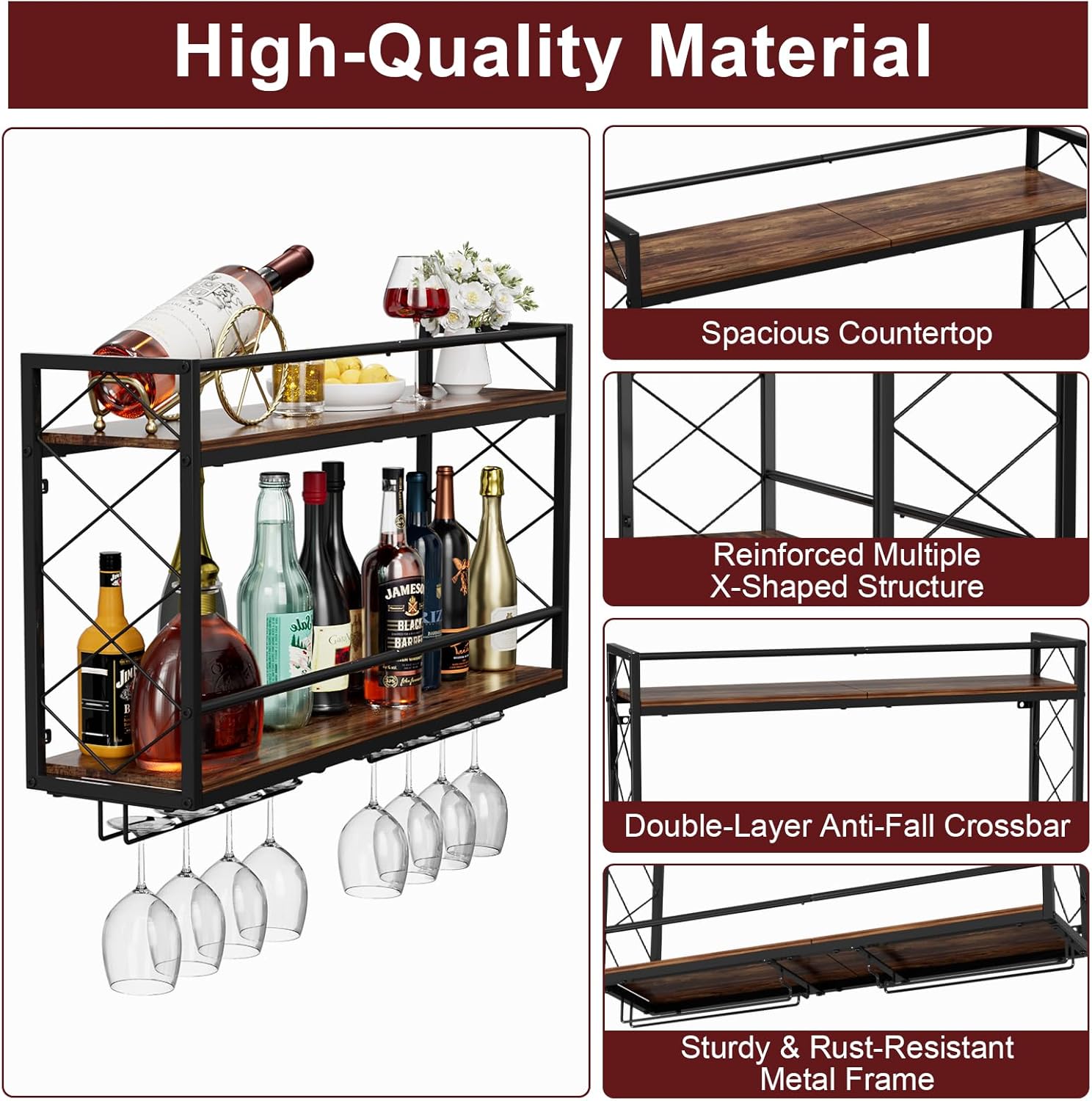 Wine Rack Wall Mounted 2 Tier Wall Wine Rack with Glass Holder, Double Layer Anti-Drop Crossbar, 31.5" Metal Wood Wall Mount Wine Holder for Home Kitchen Dining Room Coffee Shop Bar, Black