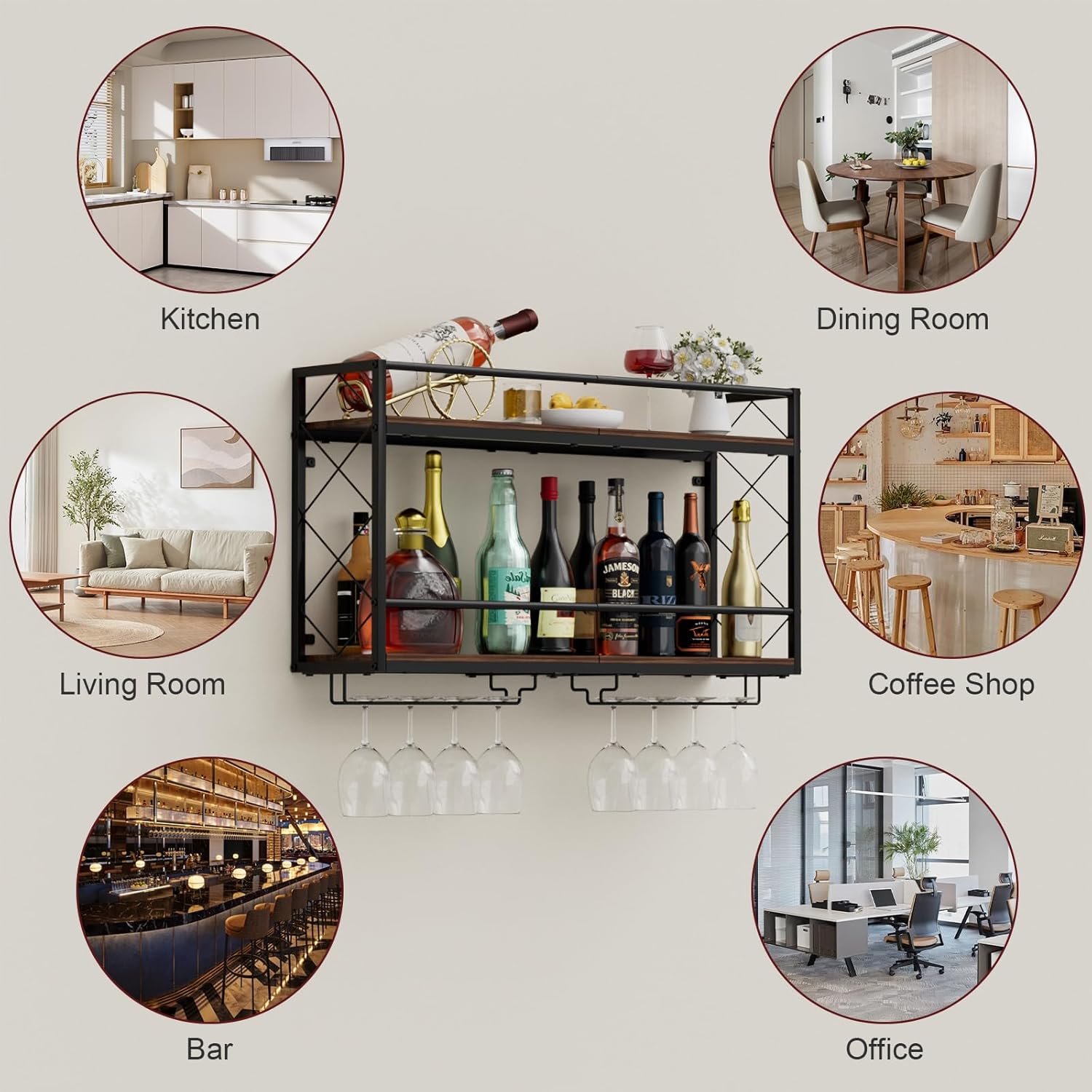 Wine Rack Wall Mounted 2 Tier Wall Wine Rack with Glass Holder, Double Layer Anti-Drop Crossbar, 31.5" Metal Wood Wall Mount Wine Holder for Home Kitchen Dining Room Coffee Shop Bar, Black