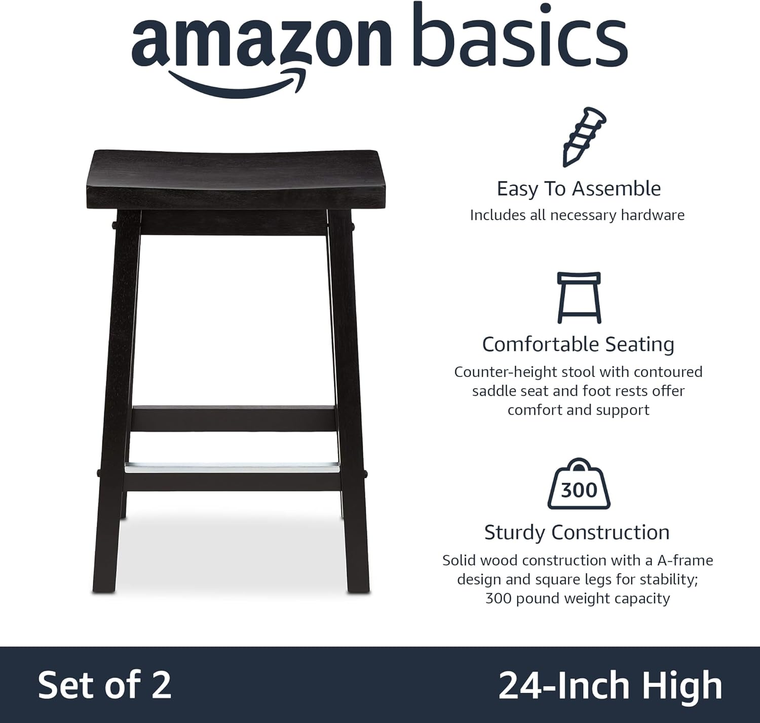 Amazon Basics Solid Wood Saddle-Seat Kitchen Counter Barstool with Footrest, Easy Assembly - 24-Inch Height - Black - Set of 2