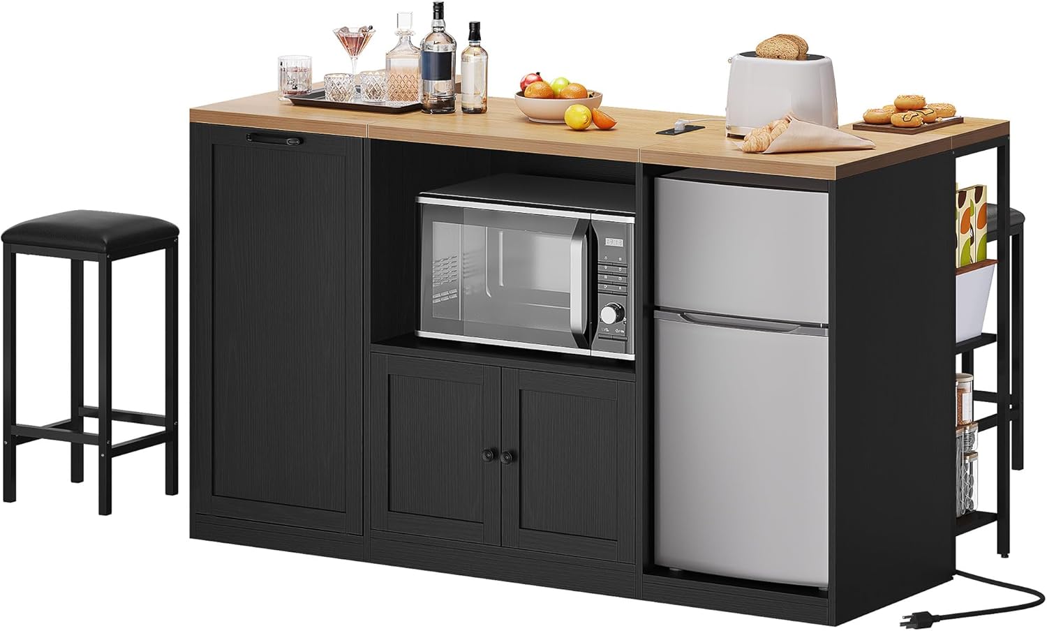 Kitchen Island with Storage, 57" W Large Island Table with Seating/LED Light for Dining Room, Kitchen Carts on Wheels Breakfast Bar Table w/Power Outlet, White