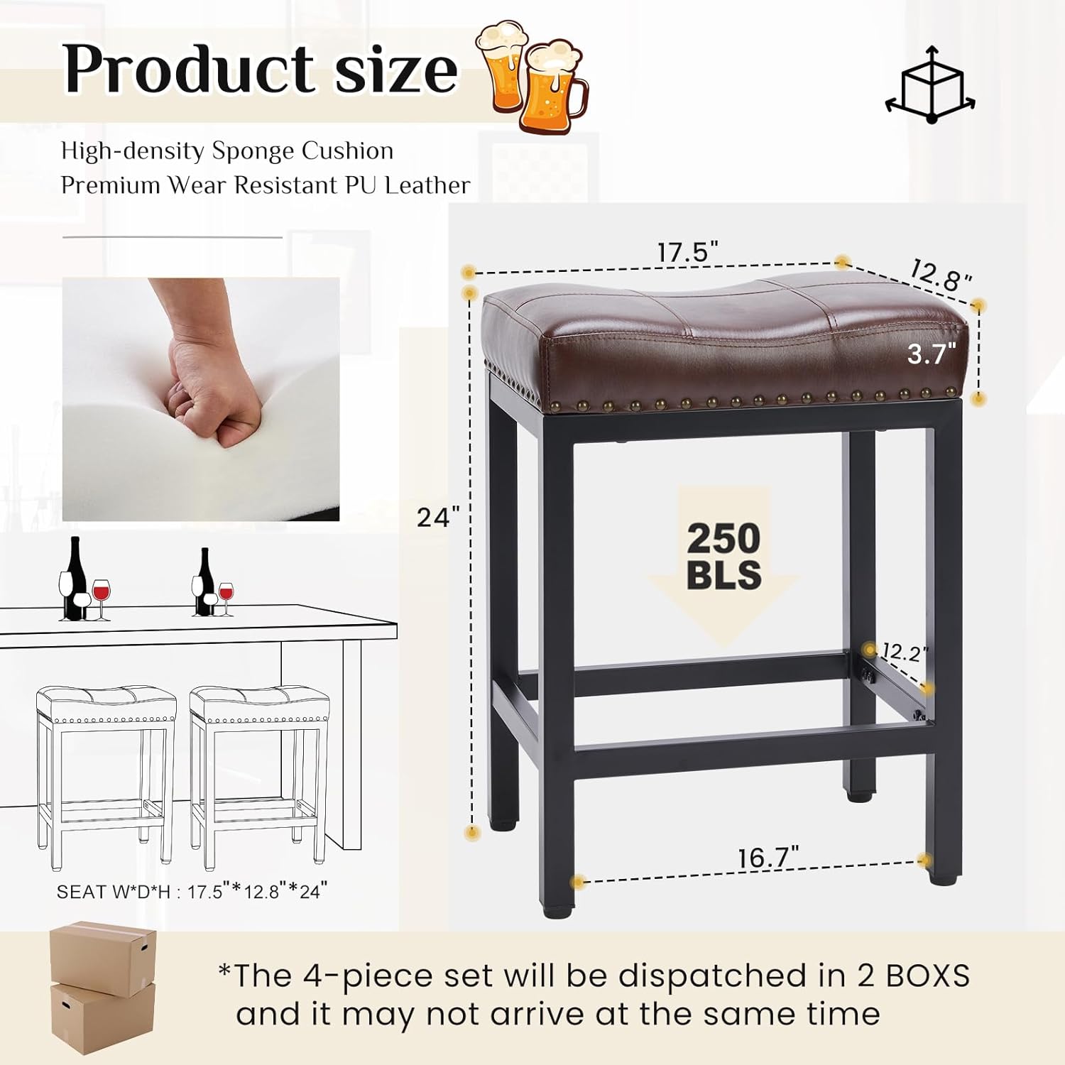 Sweetcrispy Bar Stools Set of 2, 24 Inch Counter Height Stools, PU Leather Upholstered Bar Chairs with Footrest, Modern Bar Stools for Kitchen Island, Dining, Living Room, Brown