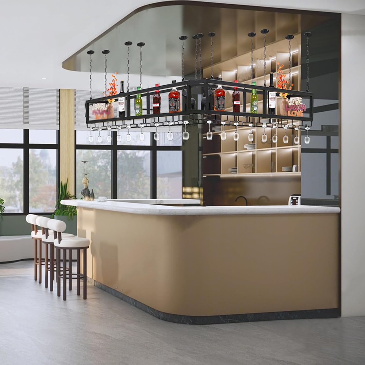 Ceiling Wine Glass Rack - Hanging Wine Rack with Glass Holder and Shelf, Height Adjustable Industrial Hanging Wine Bottle Holder, Black Metal Ceiling Shelf for Bar Cafe Kitchen (31.4×9.8×8.6in)