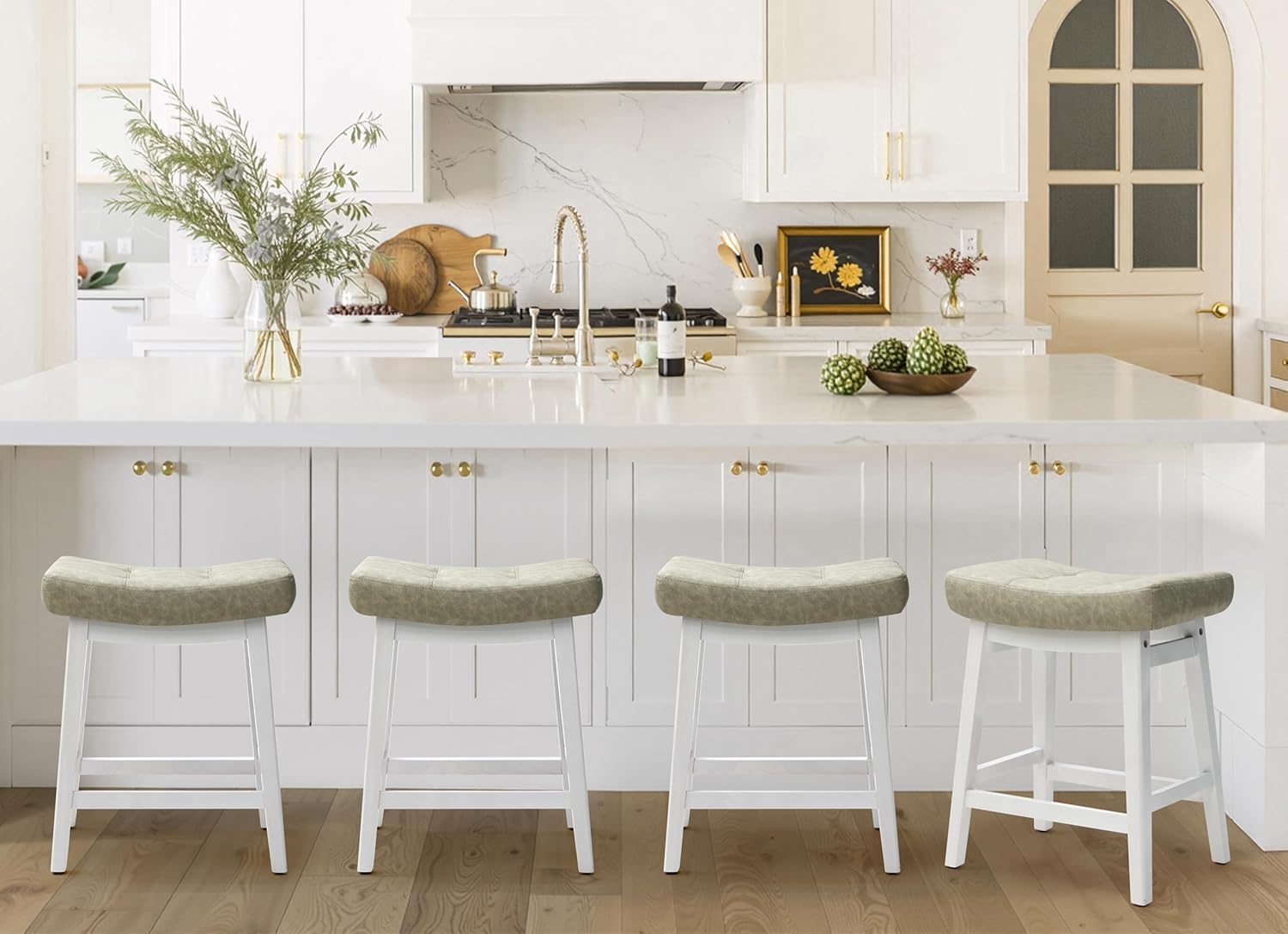 Counter Height Bar Stools Set of 3 for Kitchen Counter Farmhouse Modern Barstools with Upholstered Fabric Backless Seat and Solid Wood Legs 24 inch Bar Chairs, Khaki + Wood Color