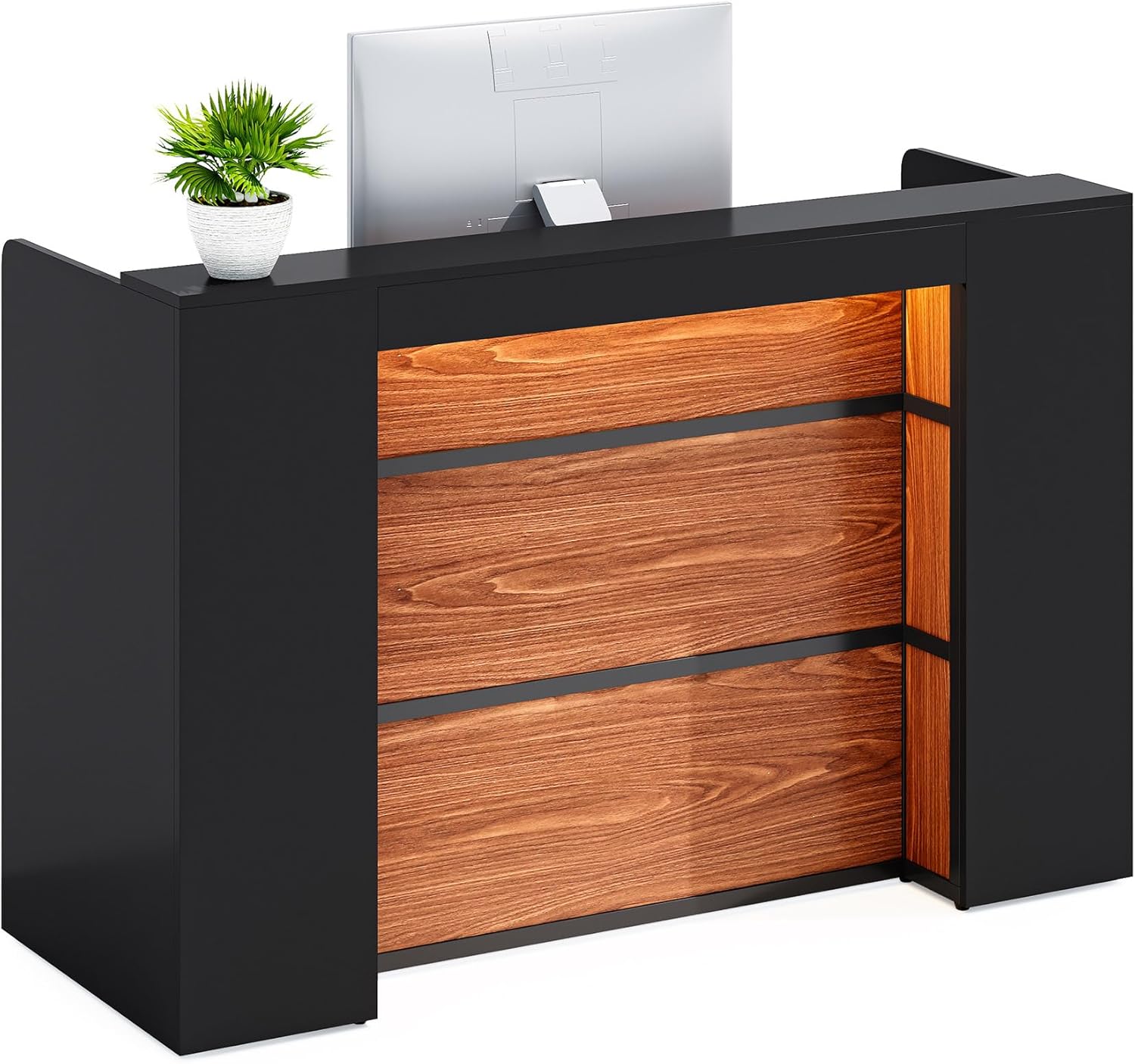 LITTLE TREE 63 Inches Reception Desk, Modern Reception Table with LED Light, Front Counter Desk, Wooden Checkout Counter for Lobbies, Salons, Retail, Home Offices, Reception Room, Black & Brown