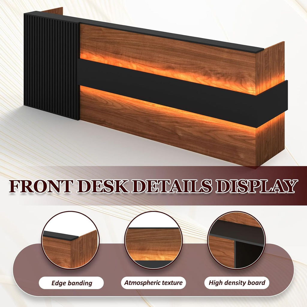 78" Modern Reception Desk with LED Lights & Mobile File Cabinet – Black Brown Office Front Desk Reception Counter with Drawers & Lock (Black & Brown, 78 * 24 * 43IN)