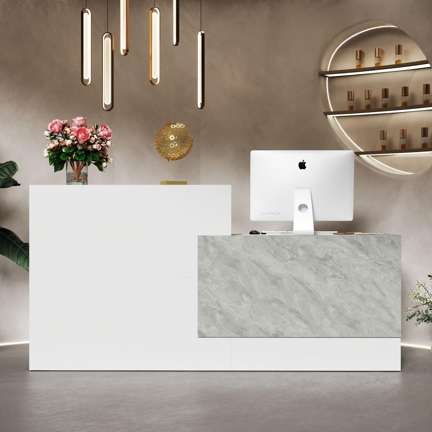 FAMAPY Reception Desk with Shelves, Modern Reception Table with Storage, Front Counter Checkout Table Retail Counter for Lobby Shop, White and Grey, 23.6”D x 86.6”W x 43.3”H