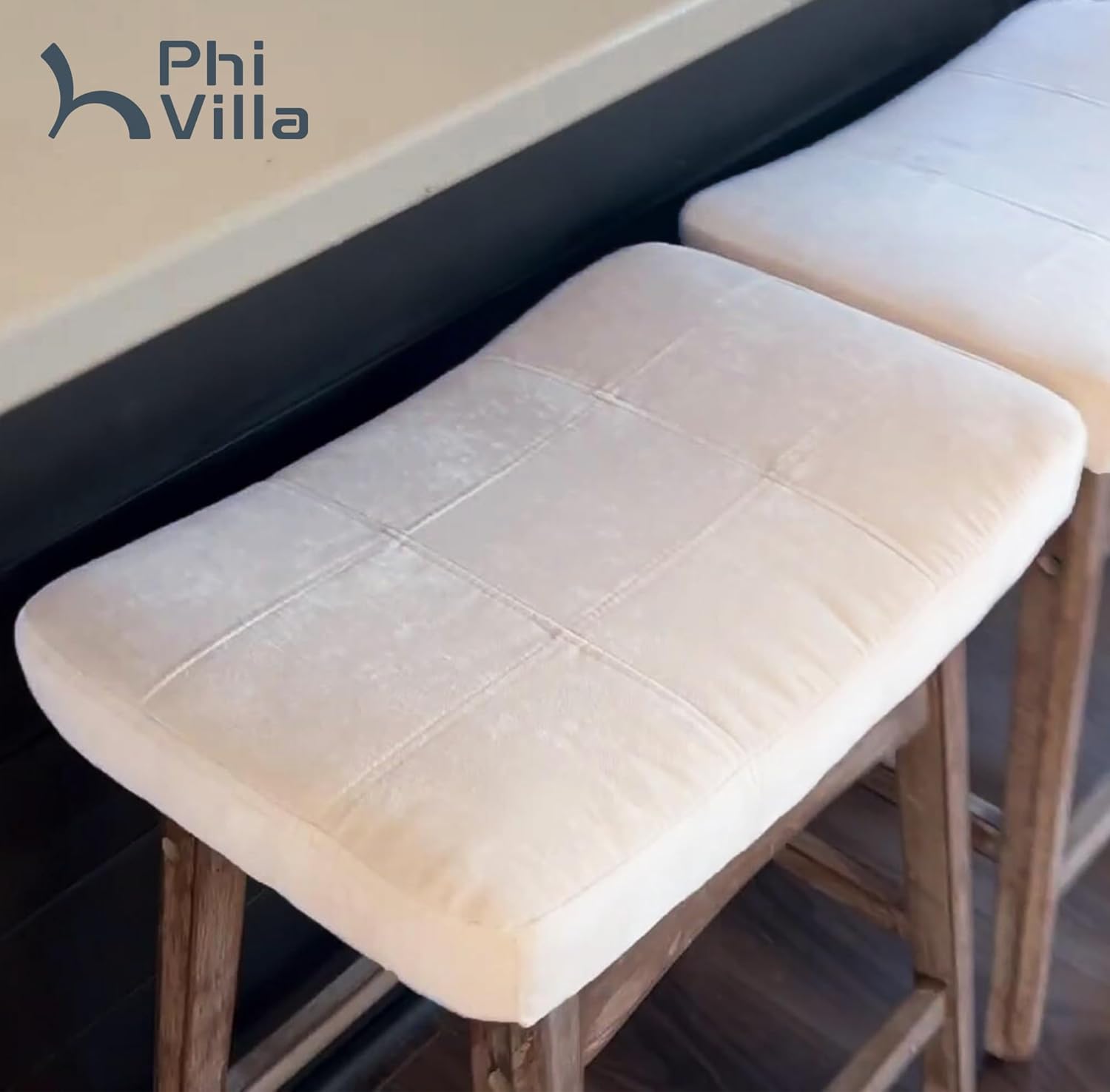 PHI VILLA Farmhouse Bar Stools Set of 2 - Wood Bartools with Upholstered Saddle Seat, 24 inch stools for Kitchen Counter Set of 2