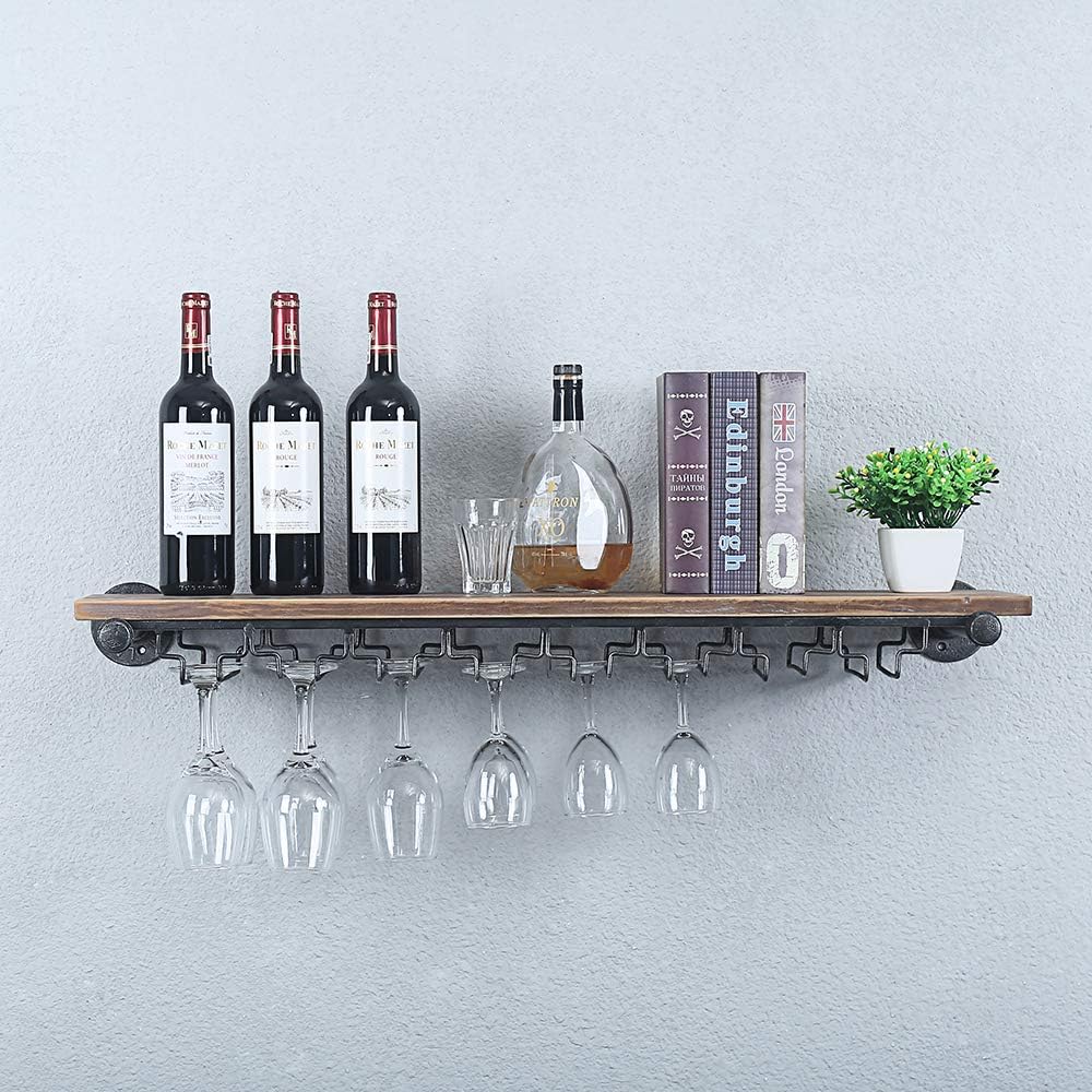 Industrial Wine Rack Wall Mounted with 5 Glass Holder,Wine Glass Rack Floating Wine Glass Shelf,36in Pipe Shelving Hanging Wood Shelves