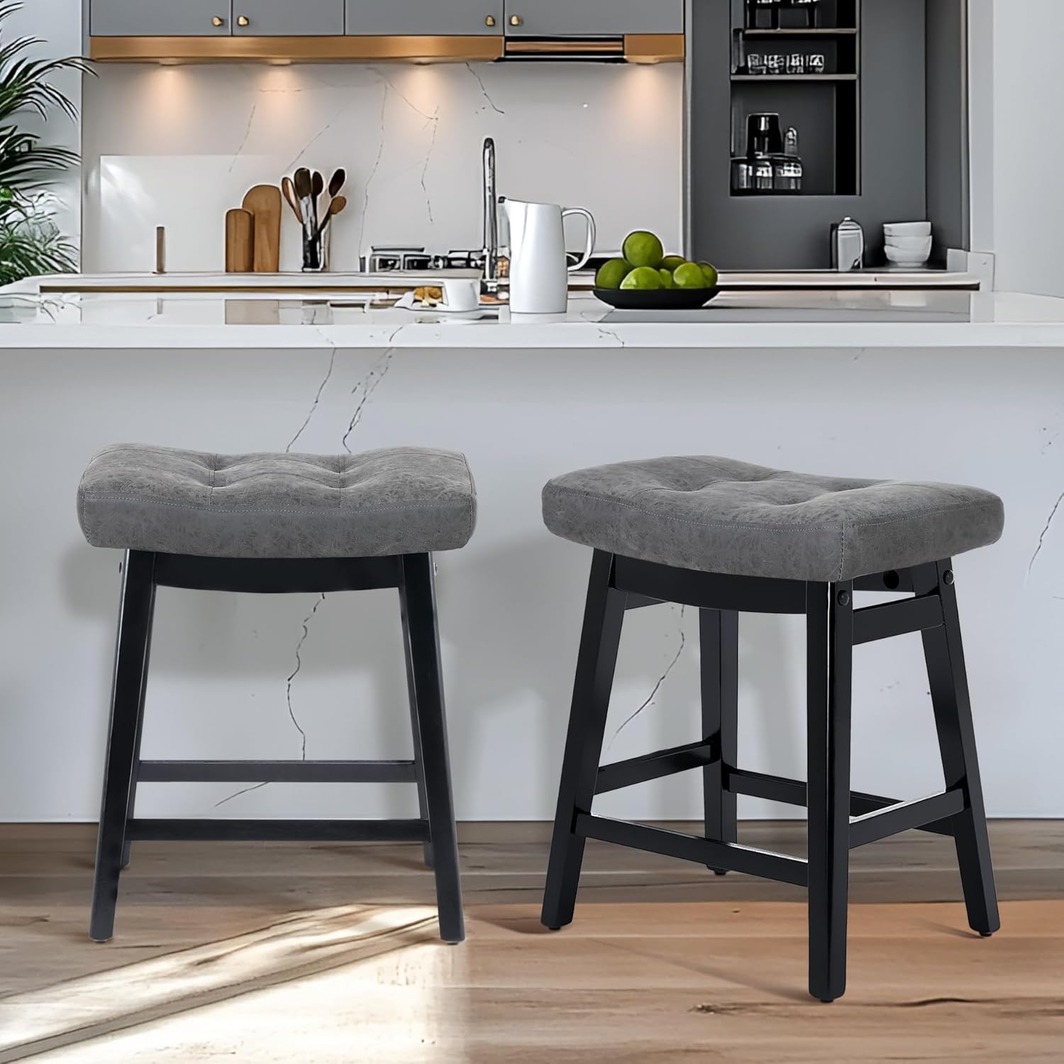 Counter Height Bar Stools Set of 3 for Kitchen Counter Farmhouse Modern Barstools with Upholstered Fabric Backless Seat and Solid Wood Legs 24 inch Bar Chairs, Khaki + Wood Color