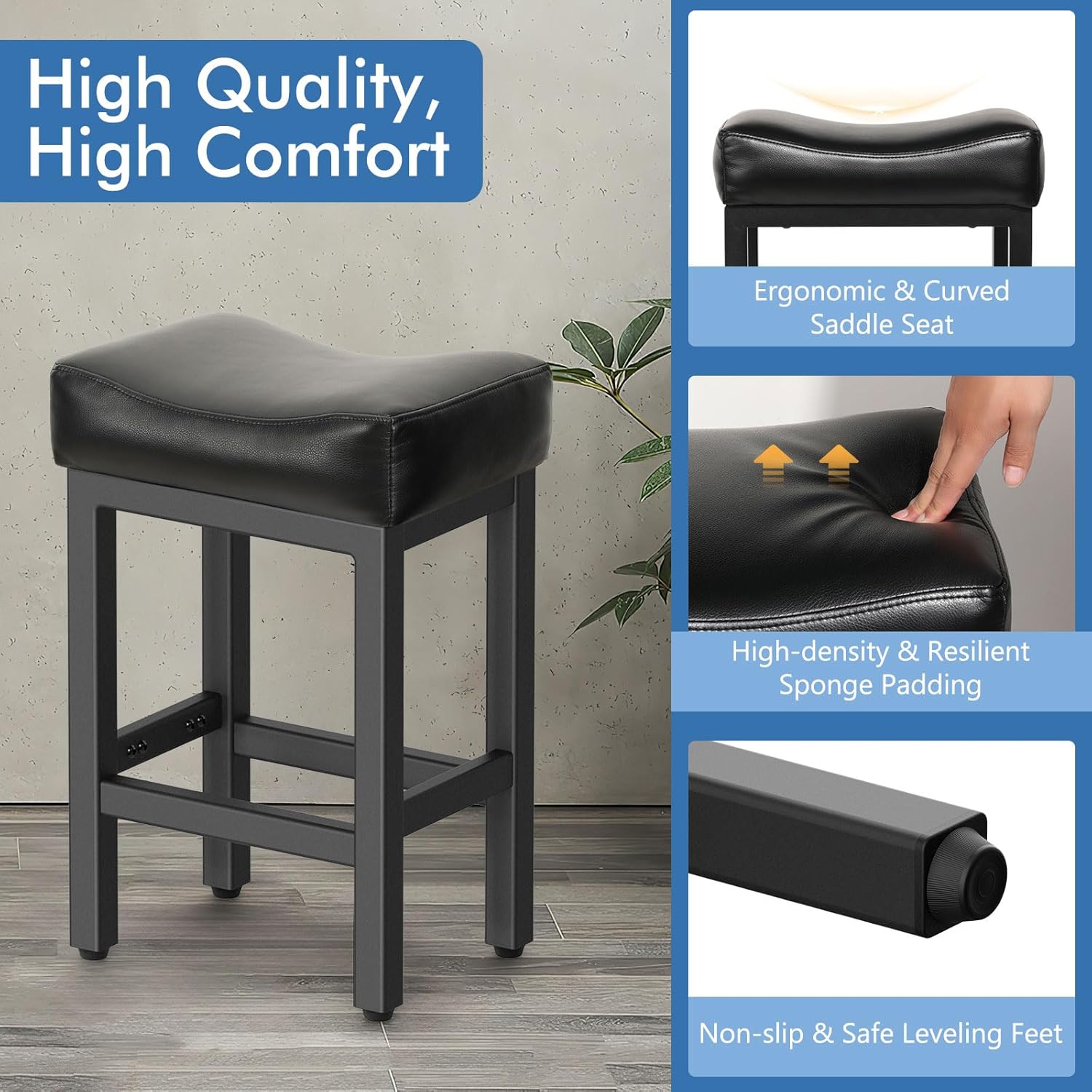 Counter Height Bar Stools Set of 2, 24 Inch Barstools for Kitchen Island Counter, Bonded Leather Kitchen Stools with Thick Saddle Seats & Heavy Duty Metal Base, Easy Assembly, All Black