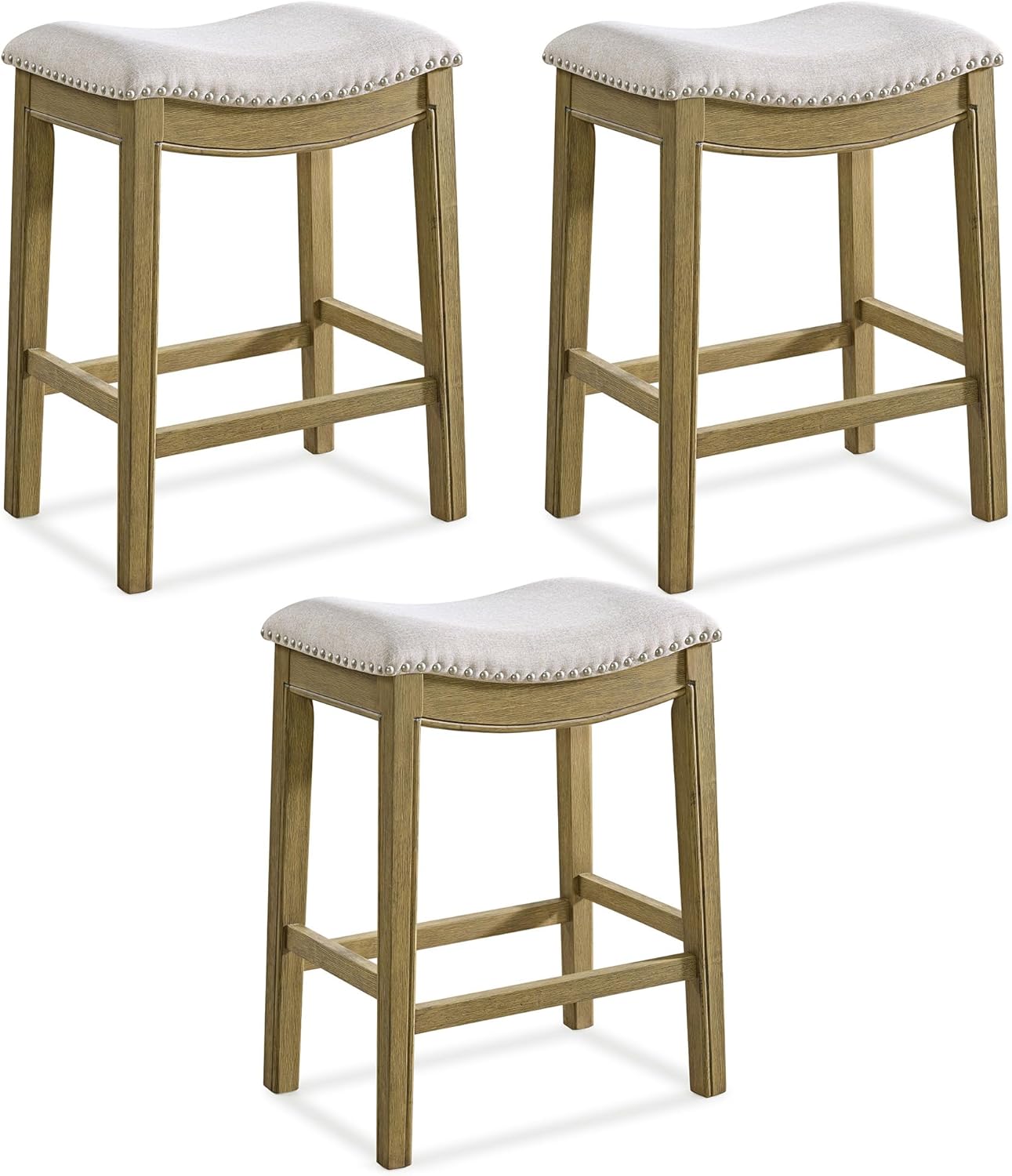 ROME + OAK Parker 26 Inch Counter Stool, Backless Saddle Kitchen Barstool in Natural Wood Finish with Wheat Cream Fabric Upholstery Cushion Seat